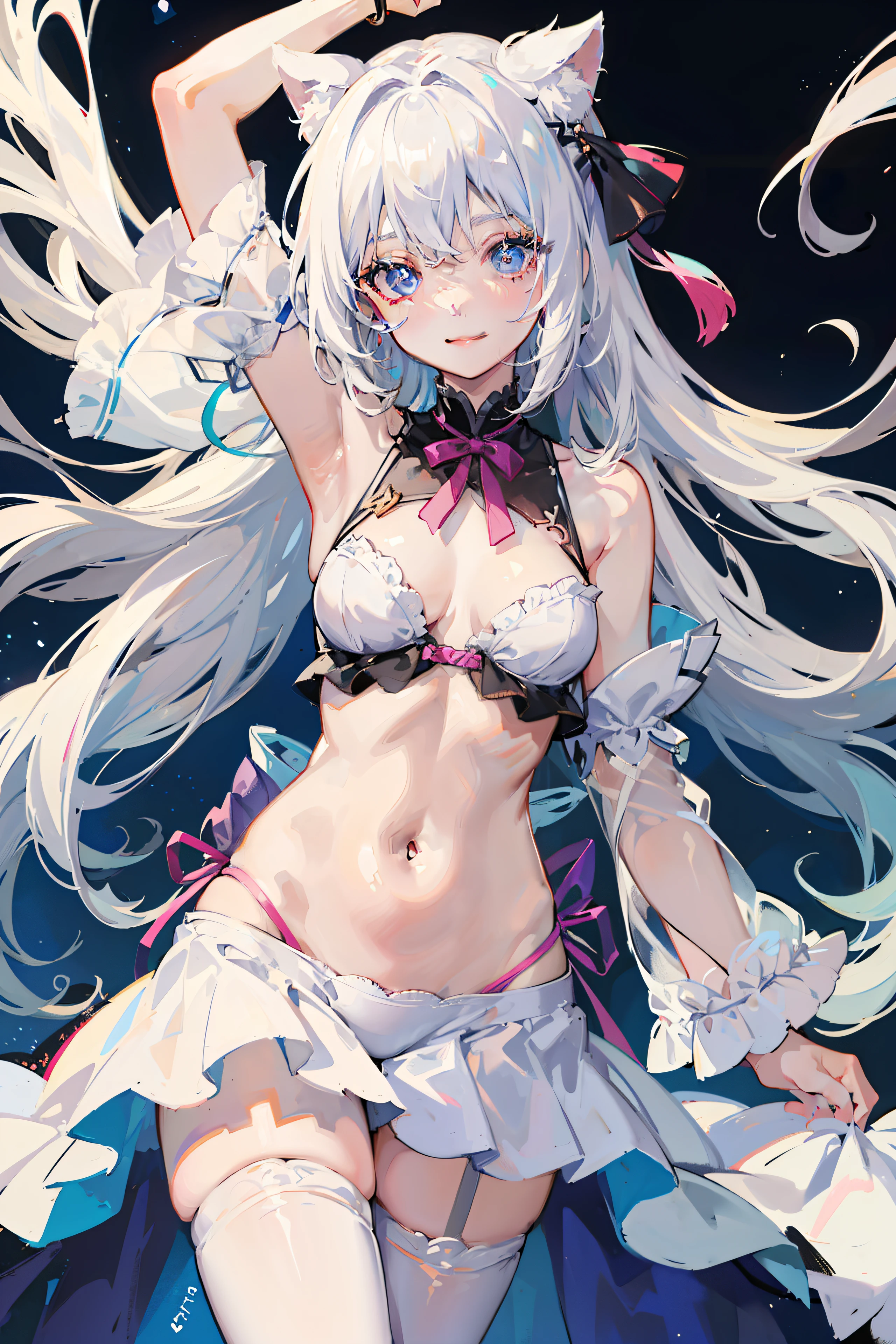 an anime girl、cute little、White hair、best anime 4k konachan wallpaper, anime style 4 k、Trending on ArtStation pixiv, A sexy、a smile、View between legs、face perfect、Clothes with a thin stomach, Beautiful face, extremely detailed cute anime face,@okojo2