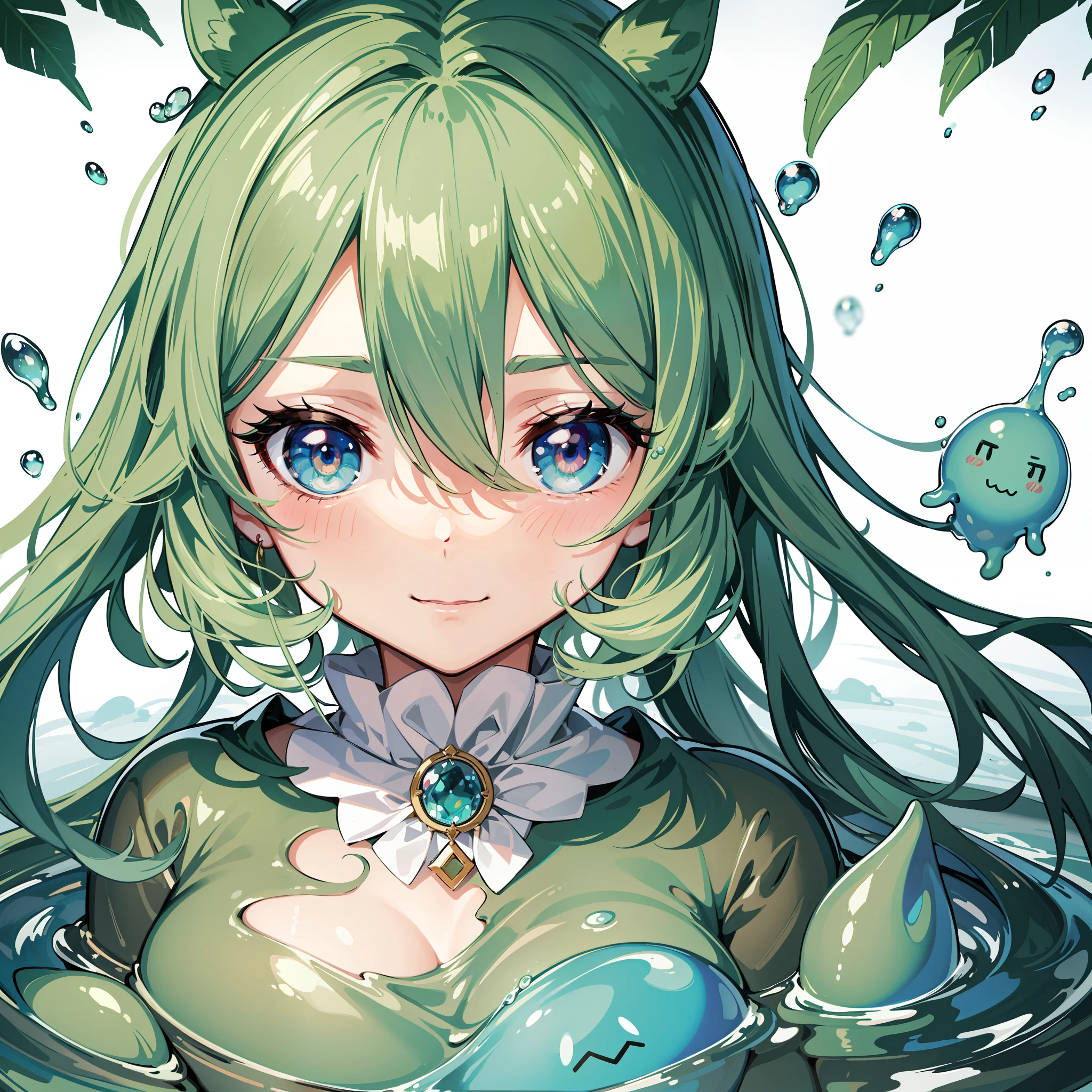 (((tmasterpiece))), 4K 分辨率, highly detailed, A cute slime monster girl,Green,Semi-liquid,Half-closed eyes,shyexpression,ssmile,The background is forest