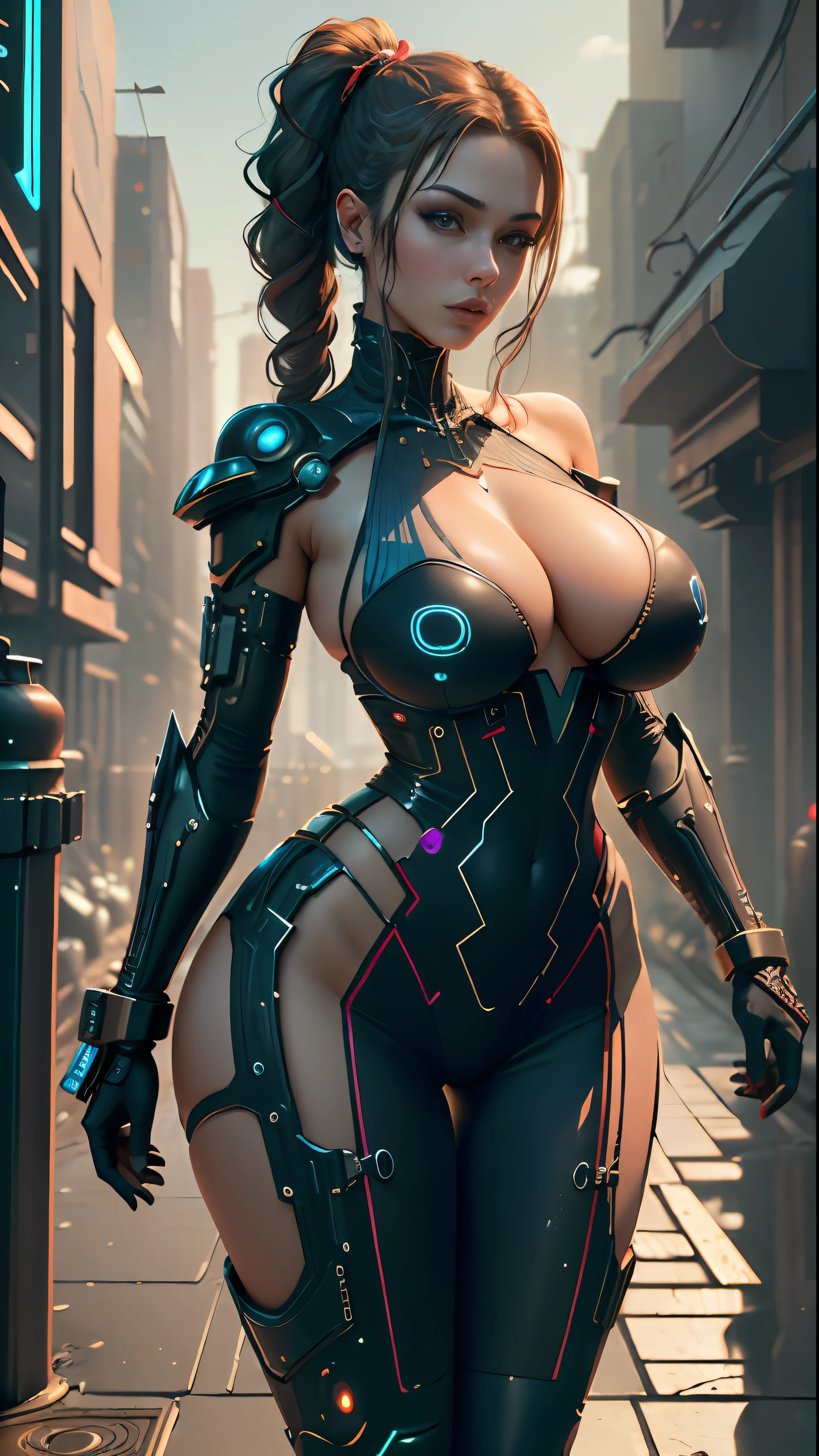 ((Best Quality)), ((Masterpiece)), (Detailed: 1.4), 3D, cyberpunk, a beautiful woman with big breasts, with extremely sexy cosplay