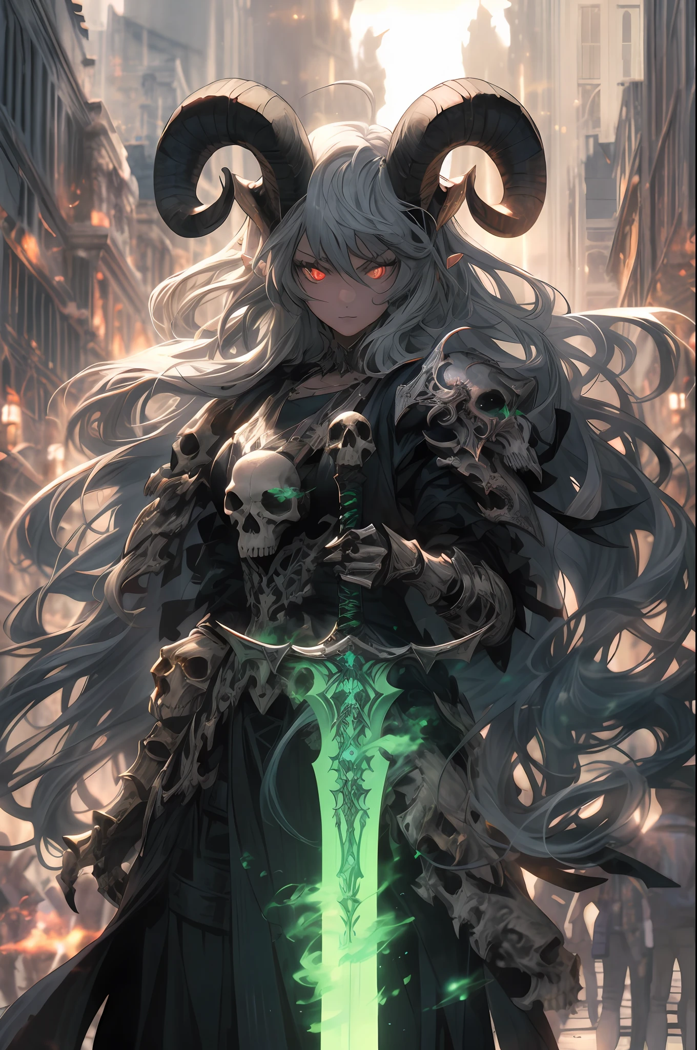 The messenger of the devil,Demon girl in the city,Wear armor consisting of skeletons,Topping a pair of demon corners,long white hair,red luminous eyes,Stunning and delicate skull decorations,A fluorescent green magic sword,Exudes an ominous demon flame,8K,real rendering,unreal-engine,The messenger of hell is on earth,angry look,tmasterpiece,super detailing,The light from the back window is backlighted,Contour light,Green flash particles,Translucent magic sword,