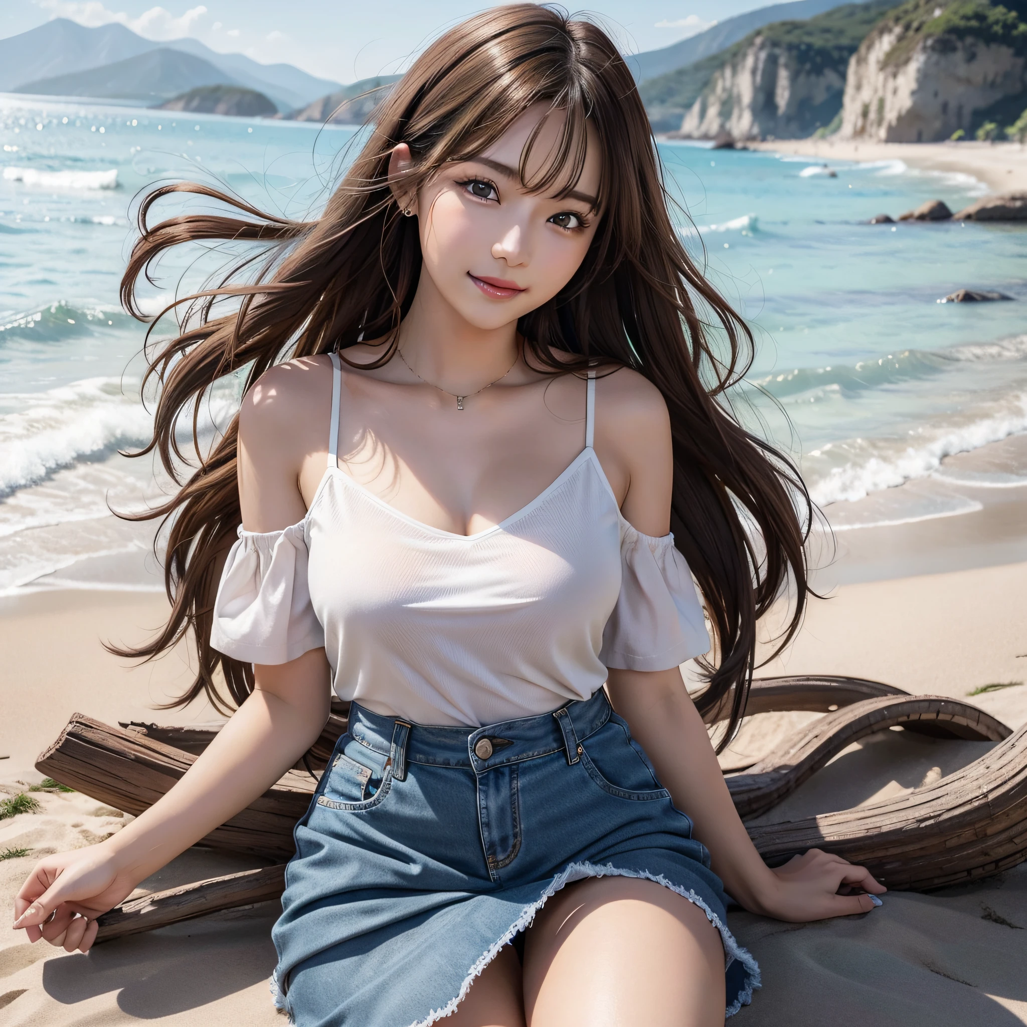 best quality, ultra high resolution, (photorealistic: 1.4), (detailed beautiful girl: 1.4), (medium breasts: 0.8), olhando_no_visualizador, detailed facial details, beautiful and detailed eyes, (brown hair), brown eyes, smile (makeup: 0.4), red lips, (full body, sitting, beach, high waves, ), very detailed clothes, (ulzzang-6500-v1. 1:0.3) \, cats, strong wind,