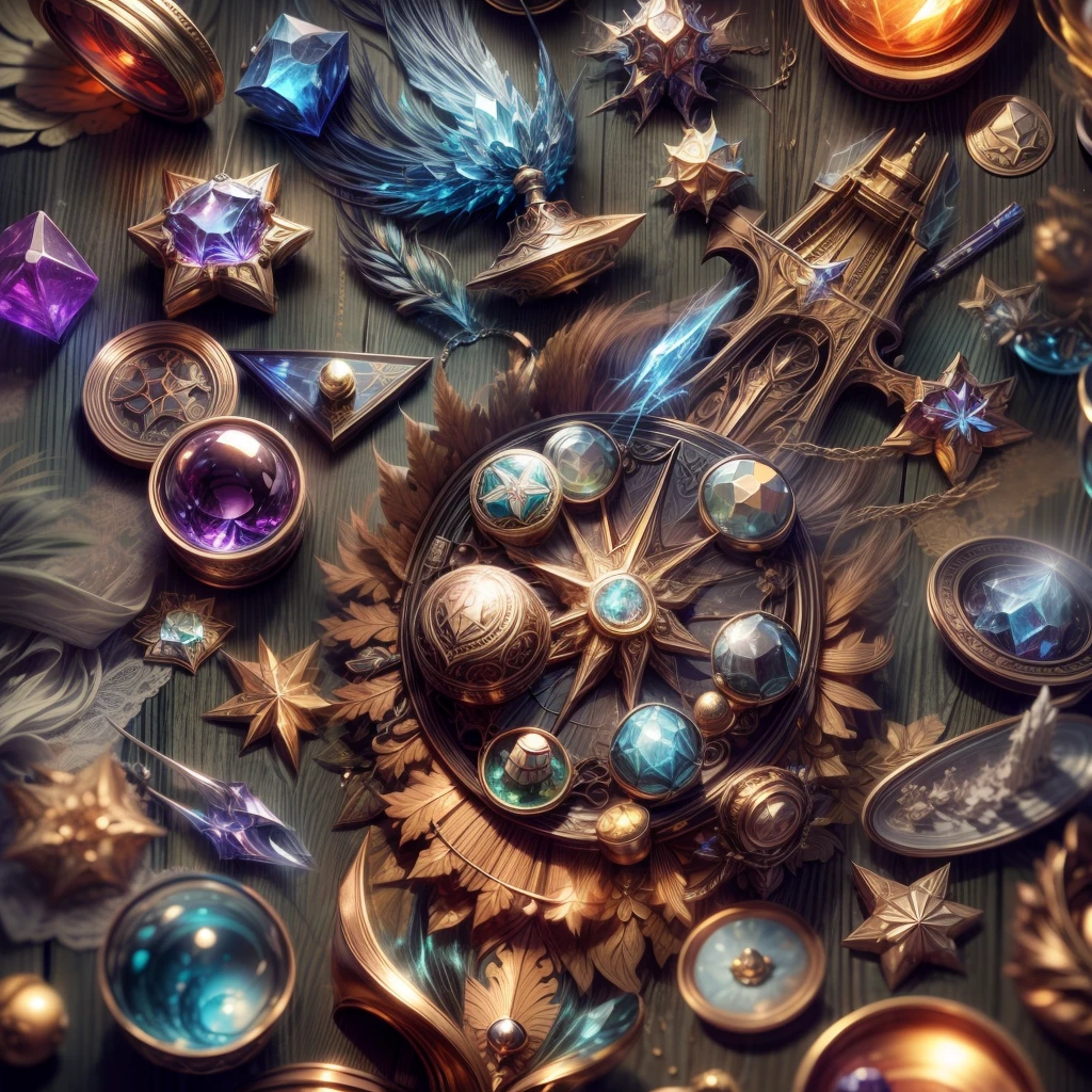(Full Focus:2),StarCraft style,plethora of colors,Antiques on the tabletop,Jewelry on the tabletop,Crystal gemstone on tabletop,Magic symbols,Magic light particle effect,high - tech,luxury goods, High-value jewelry,High-value metals,luxury goods,Puzzles are prohibited, Detailed and complex background, glittery, reflective light, hyper HD, Award-Awarded, A high resolution, High detail, Chiaroscuro, Cinematic lighting, Masterpiece, Ray traching,structurally correct, Super detail, High quality, High details, Best quality, 16
