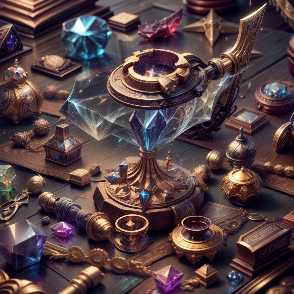 （Full Focus：2）,StarCraft style，plethora of colors，Antiques on the tabletop，Jewelry on the tabletop，Crystal gemstone on tabletop,Magic symbols，Magic light particle effect，high - tech，luxury goods， High-value jewelry,High-value metals，luxury goods，Puzzles are prohibited, Detailed and complex background, glittery, reflective light, hyper HD, Award-Awarded, A high resolution, High detail, Chiaroscuro, Cinematic lighting, Masterpiece, Ray traching，structurally correct, Super detail, High quality, High details, Best quality, 16