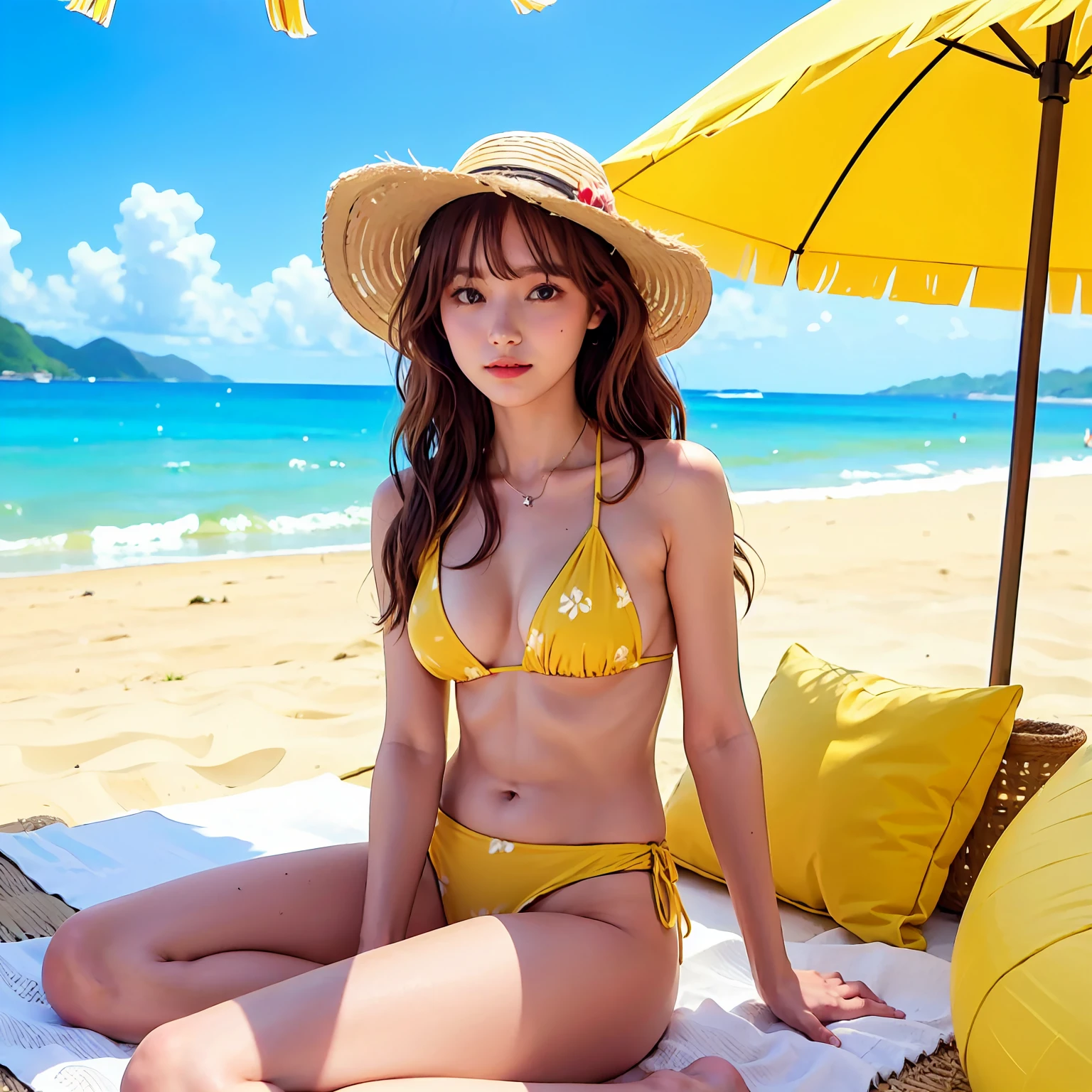 1 girl, long hair, brown hair, wavy upper-back length, brown eyes, Women's yellow bikini with flowers pattern, wear beach straw hat, outdoor, sitting under beach umbrella, beach background