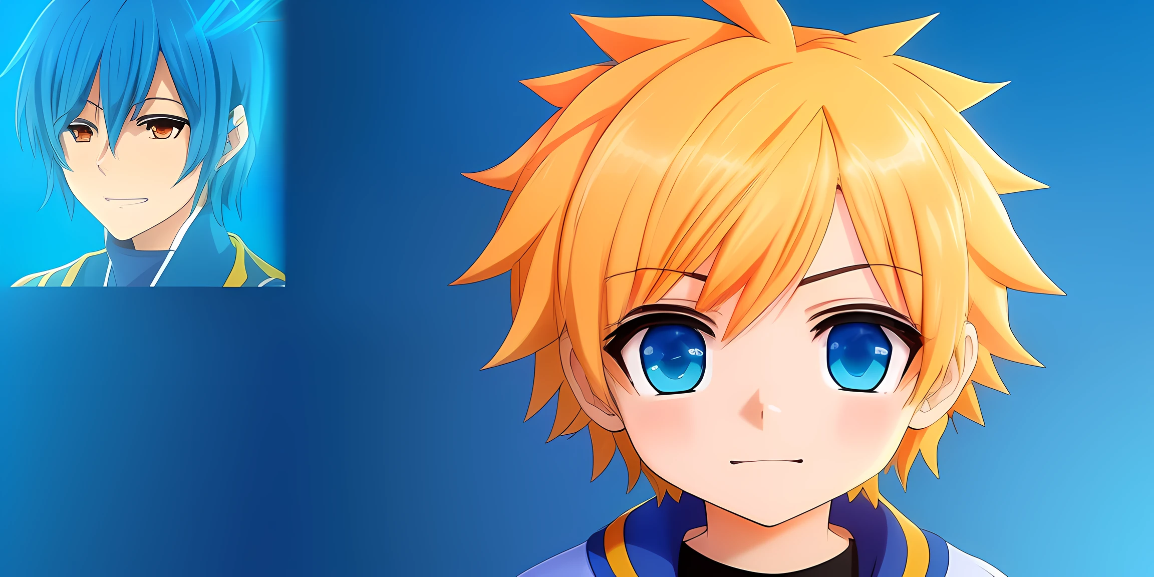 Menino de anime coberto por raios brilhantes de cor azul e laranja