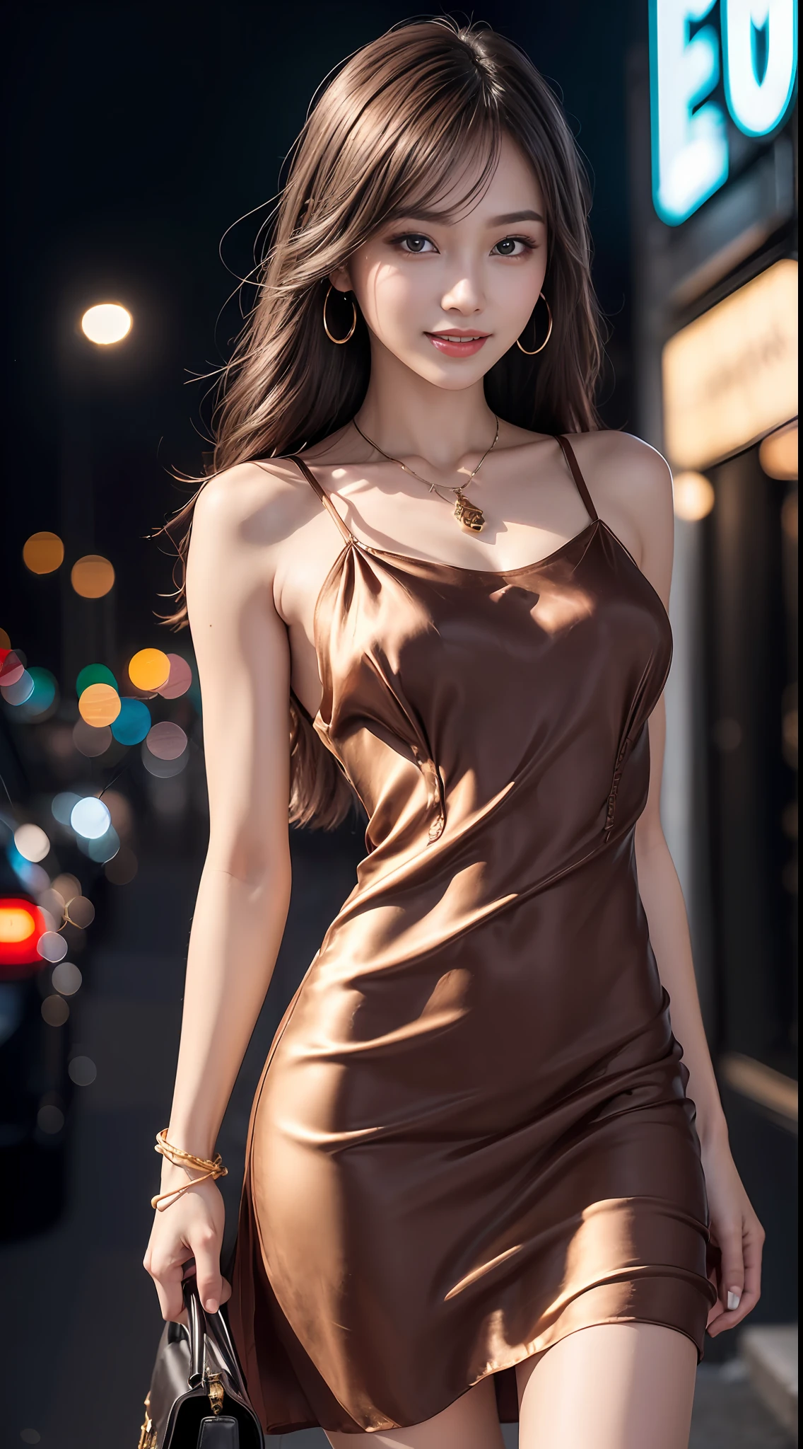 8k, masterpiece, RAW photo, best quality, photorealistic, extremely detailed CG unity 8k wallpaper, Depth of field, Cinematic Light, Lens Flare, Ray tracing, (extremely beautiful face, beautiful lips, beautiful eyes), intricate detail face, ((ultra detailed skin)) 1girl, in the dark, deep shadow, pretty korean girl, kpop idol, 1 girl, (very slim slender fit-muscled body:1.3), ((looking at viewer)),(big smile:1.3), (tight mini dress), (sleeveless) , (fashion city night, dark night, (neon sign), (blurred background), fashion street night),(without people in the background:1.3), beautiful earrings, bracelets, necklace, pantyhose, clear eyes, walking , front shot, (pale skin), (big eyes), face forward, ((upper body shot)), ((silk chocolate color dress:1.3)),(brown hairs),((laced dress)), (laced panty), (see through), (looking at viewer:1.3) open breast, very slim, long legs, medium breasts, hermes bag