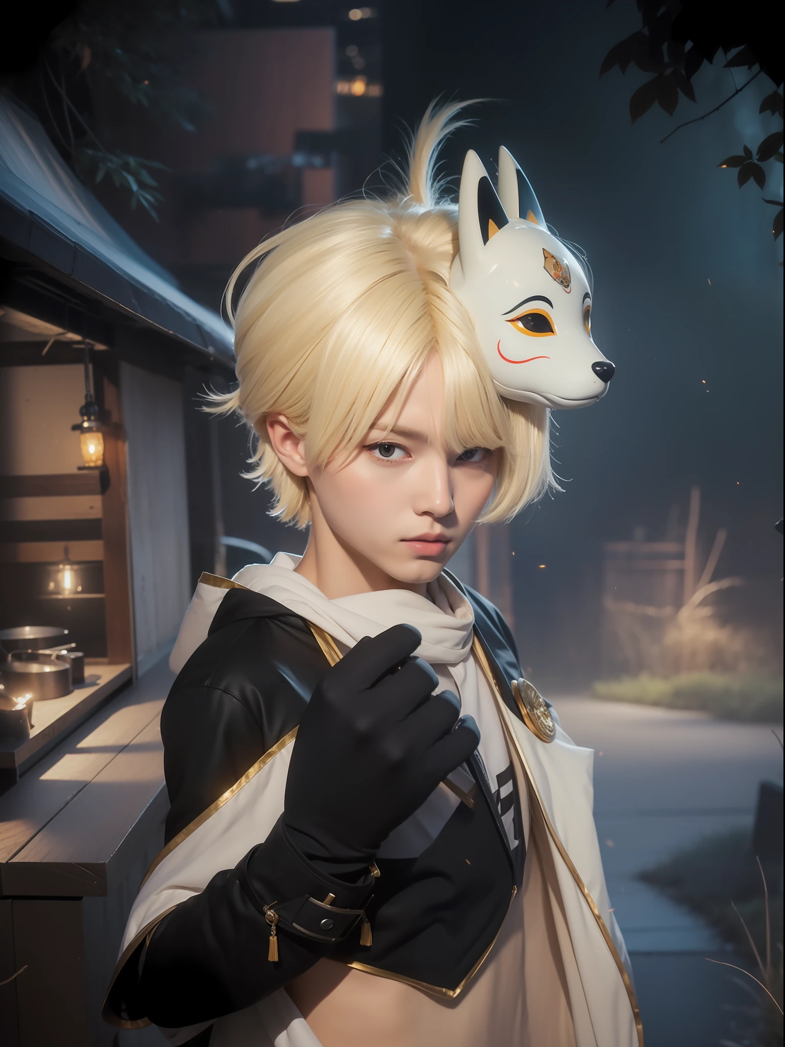 Figures standing in front of a stall,The fox mask was worn on his head , mtu, About 18 years old, Golden hair, Gold eyes,Handsome men, Handsome men, Young Korean man,with a round face,Heart-shaped face plain,Wearing clothes with black leaky belly,White scarf,There are fireflies next to it,the night,Masterpiece, Best quality, 8k ultra high definition, digital SLR camera, filmgrain, Fujifilm XT3 Realistic painting art, Ultra HD, retinas, Masterpiece, Anatomically correct, Super detail, highly details, High quality, Award-winning, A high resolution, 4K,The background is blurred out