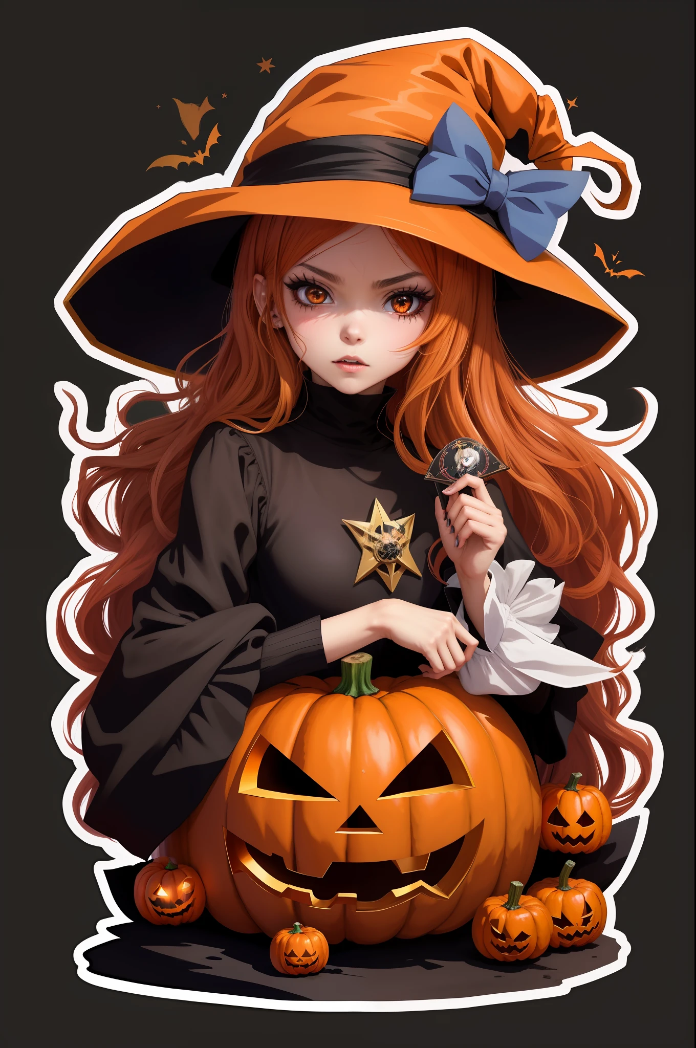 Anime girl in a witch costume holding a pumpkin, Em um estilo de Halloween, menina bruxa, estilo de arte de halloween, Retrato de uma jovem bruxa, bruxa brilhante, beautiful witch female, magia de elenco de bruxa de anime de paquera, halloween celebration, tema halloween, classical witch, Anime Wallaper, academia bruxa, Travessuras ou gostosuras, (menina anime), bruxa, menina anime bonito
