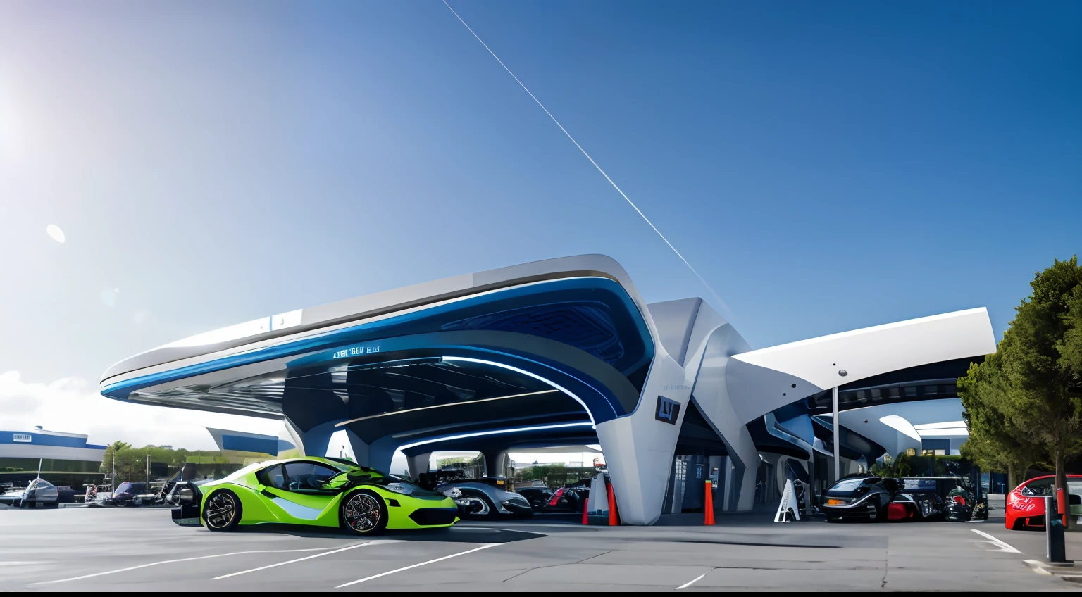 ((Masterpiece, Best quality)), 8K,gasstation,Canopy,pillar,petroleum,chemical industry,morden style, Technologie,Simple,Contrast,The color is bright,Space elements,epcot,photographrealistic, hyperedetailed photo, Clean skies, Lots of cars,lots of people,The atmosphere is lively,城市, cyber punk perssonage