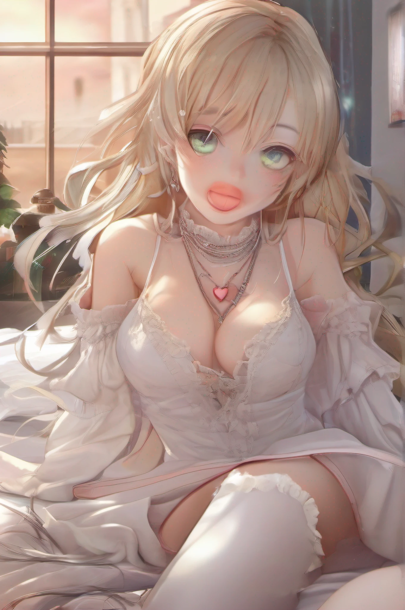 (Masterpiece: 1.4), (Best quality: 1.4), 8K, HD, ultra clear,1girl,(big breasts:1.4),long blond hair,(Heart-shaped pupil:1.3),(Tongue out:1.2),scared:1.3,(cry:1.4),Bare abdomen,White lace underwear,Skirt,(Looking up),Bedroom at night,necklace,Messy clothes