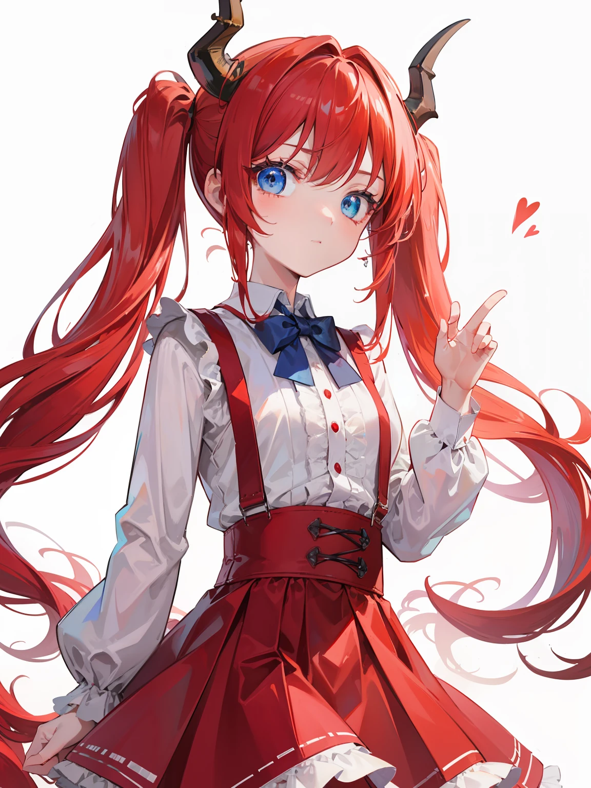 {{best quality}}, {{masterpiece}}, {{ultra-detailed}}, {illustration}, {detailed light}, red hair,blue eyes,twintails,lolita,Suspenders skirt,Fantastic,loli,solo,Dragon horns,little girl,long hair