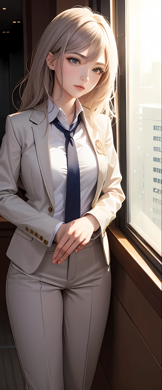 1girll，Face focus，AS-Adult，Business suit，jaket，white  shirt，tiese，trouser，best qualtiy，employee，detail in face，office room，The building outside the window，Background of details，Diffused sunlight，depth of fields，Background bokeh