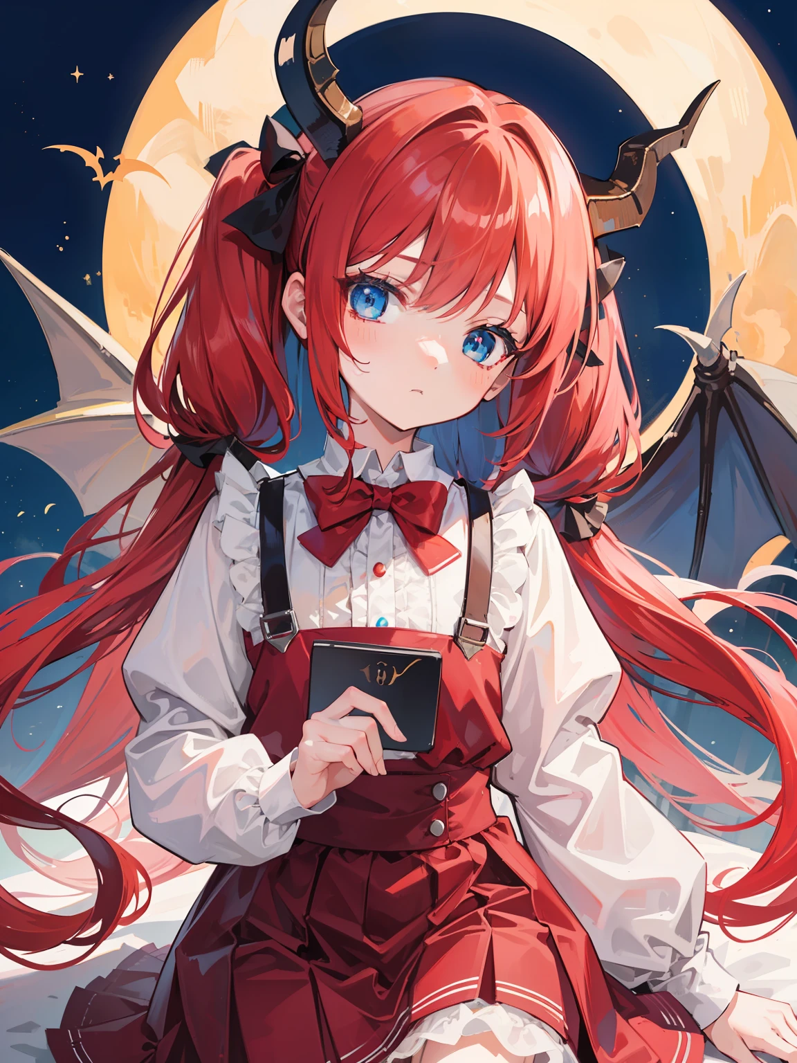 {{best quality}}, {{masterpiece}}, {{ultra-detailed}}, {illustration}, {detailed light}, red hair,blue eyes,twintails,lolita,Suspenders skirt,Fantastic,loli,solo,Dragon horns,little girl,long hair