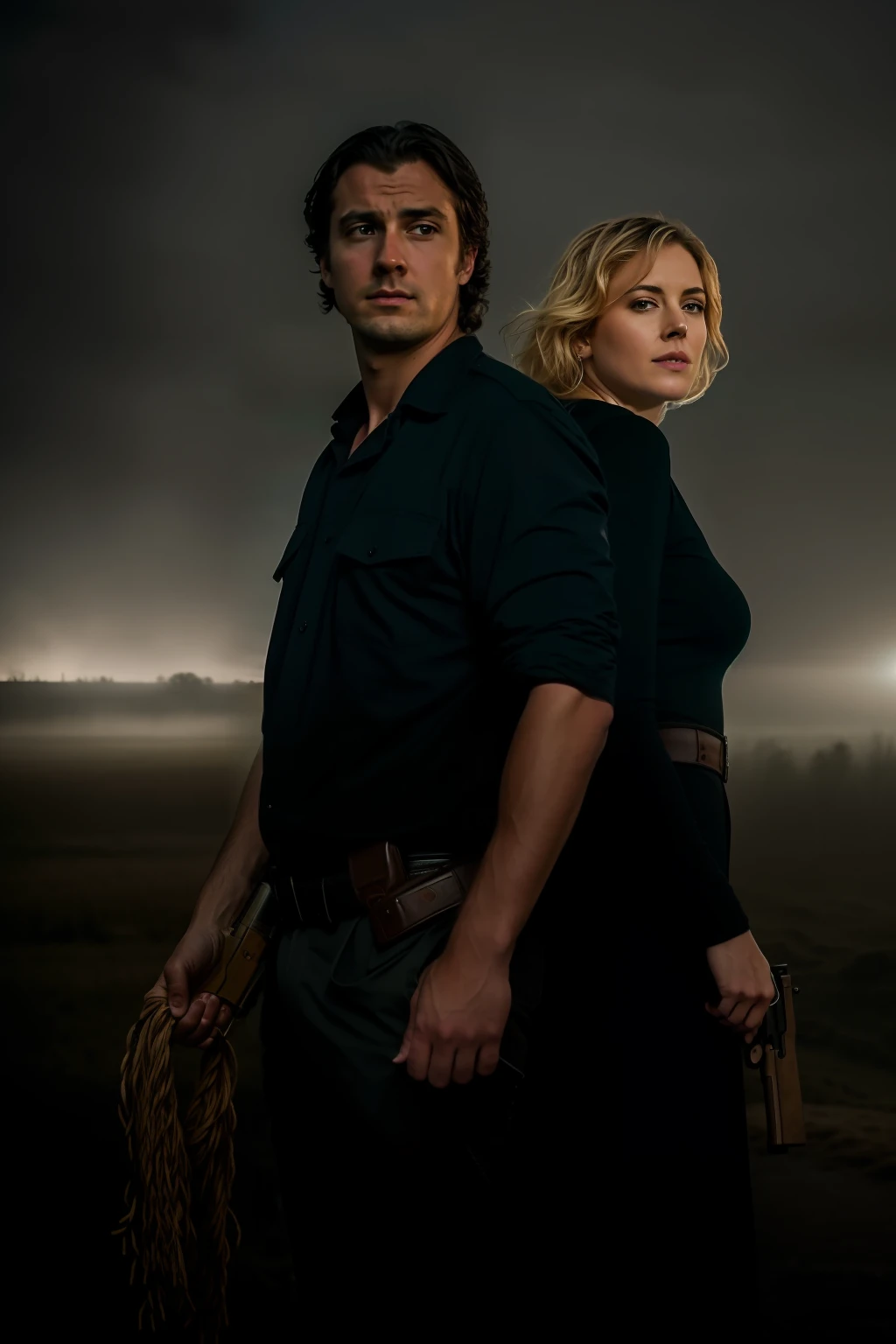 they are two people standing next to each other with guns, promotional image, promotional picture, promotional still, key art, promo still, in roger deakins style, promotional art, by Federico Zuccari, by Dietmar Damerau, by Bernard D’Andrea, promotional photo, by Etienne Delessert, by Gabor Szikszai and put these people into a masterpiece, 4k, sharp focus high quality, deep and low view and imagine an abandoned farm situated in a dark and eerie landscape. The focal point of the image is an old, weathered wooden barn with a few horses nearby. The farm is engulfed in darkness and cold, and an atmosphere of fear pervades the surroundings. The scene should depict an almost dawn night, where the dim and soft light of dawn is starting to filter through the thick fog on the horizon.