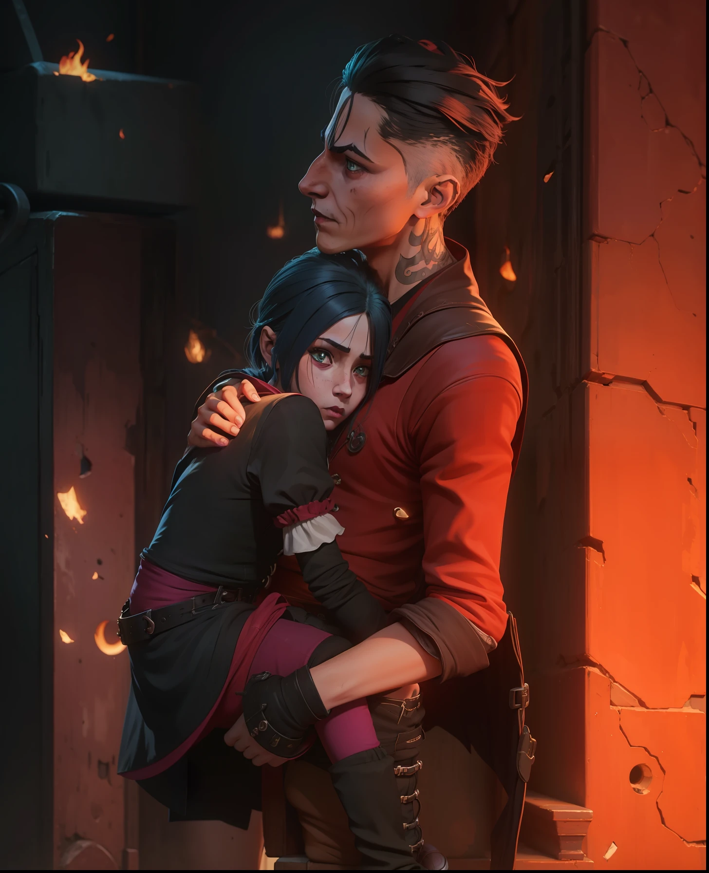 Jinx child holding a black cat. arcano. Um homem com uma cicatriz no rosto. Jinx Child, arcano