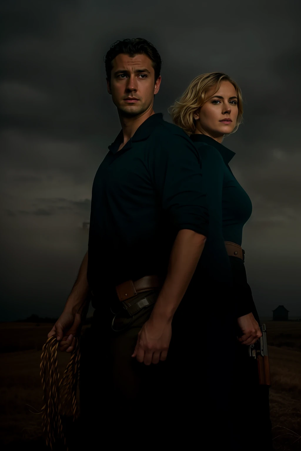 they are two people standing next to each other with guns, promotional image, promotional picture, promotional still, key art, promo still, in roger deakins style, promotional art, by Federico Zuccari, by Dietmar Damerau, by Bernard D’Andrea, promotional photo, by Etienne Delessert, by Gabor Szikszai and put these people into a masterpiece, 4k, sharp focus high quality, deep and low view and imagine an abandoned farm situated in a dark and eerie landscape. The focal point of the image is an old, weathered wooden barn with a few horses nearby. The farm is engulfed in darkness and cold, and an atmosphere of fear pervades the surroundings. The scene should depict an almost dawn night, where the dim and soft light of dawn is starting to filter through the thick fog on the horizon.
