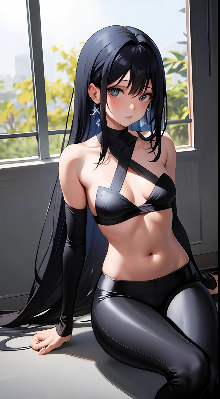 Garota de anime, linda, realista, melhor qualidade, full hd, rosto detalhado, corpo detalhado, cabelos lisos, cabelos brancos, cabelos longos, ombro pequeno, Small thorax, middlebreasts, cintura fina, quadril largo, pernas grossas, top preto, sem mangas, barriga de fora, black legging pants, middlebreasts, seios para fora