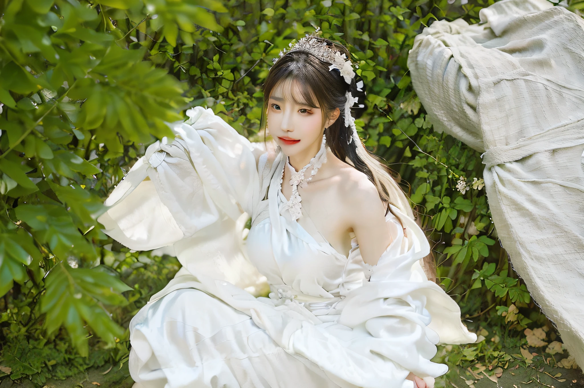 Close-up of a woman in a white dress sitting on a rock, White Hanfu Hanfu royal palace ， A girl in Hanfu with ancient Chinese costumes Wearing ancient Chinese clothes Immortal Warrior wearing luxurious silk cloak Traditional Chinese clothing Xian Xia fantasy Flowing white robe Full body Xian Xia Flowing white robe。