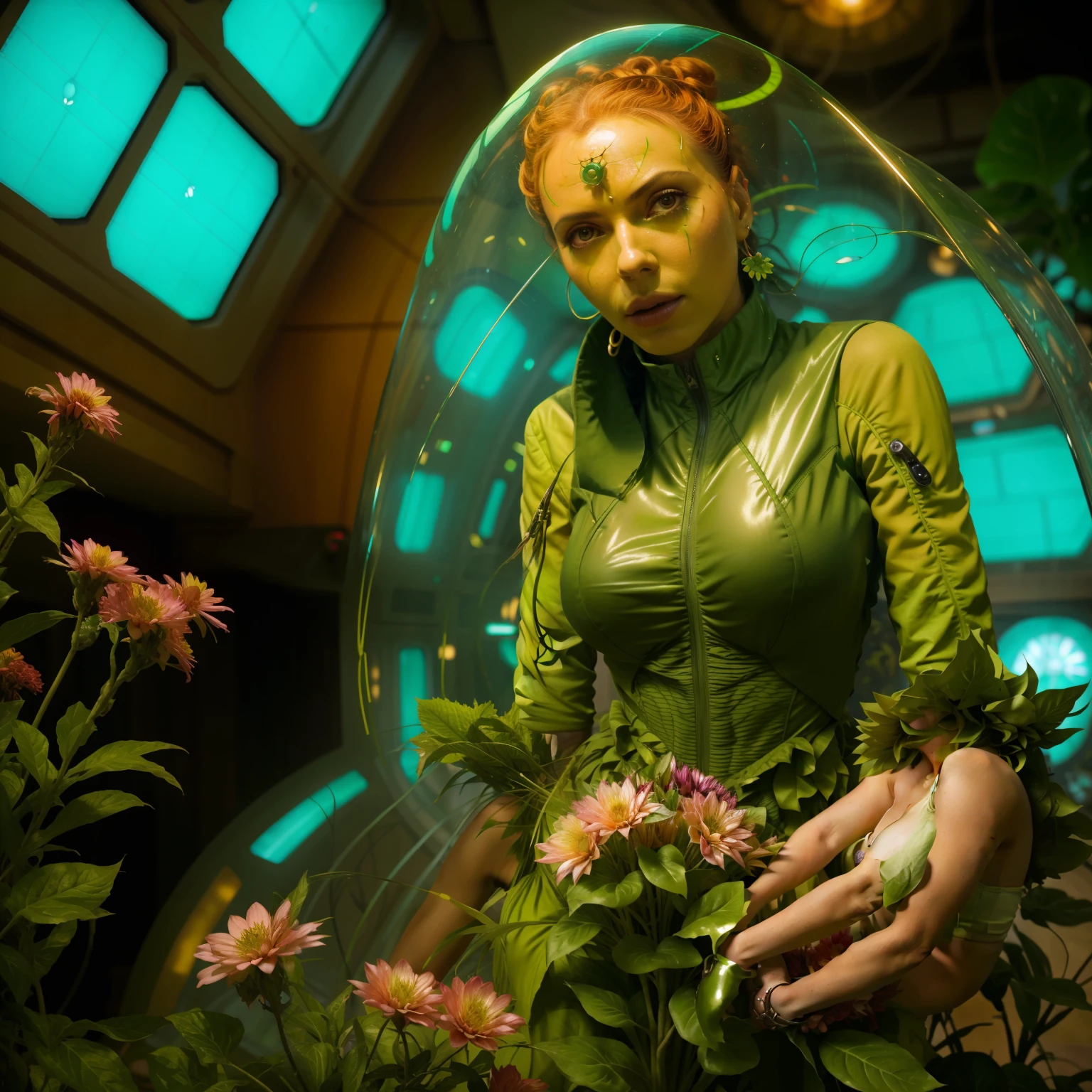 arafed woman in green dress standing in a room with flowers, inspired by David LaChapelle, on a lush fertile alien planet, by David LaChapelle, 8 0's style tomasz alen kopera, in a mixed style of æon flux, kristanna loken, sil from species, an epic scifi movie still, aeon flux style