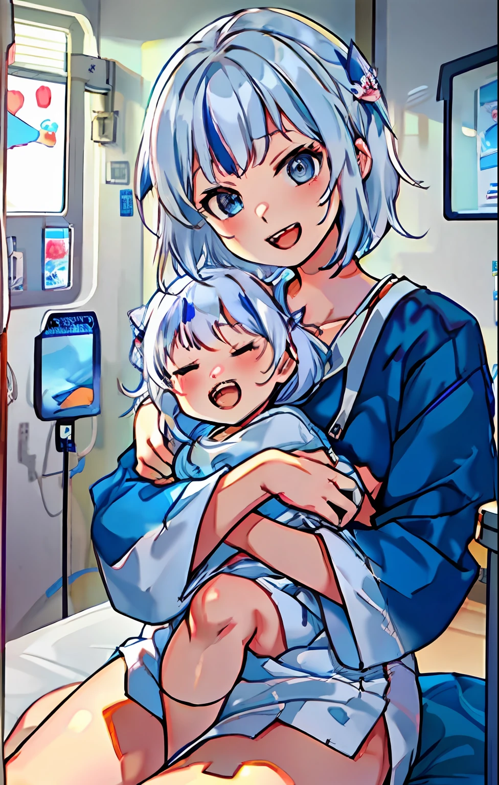 best quality, masterpiece,  
, short hair, putih hair, putih eyes, tachibana hibiki , energetic girl, young girl, (ite girl),
hospital bed, (hospital_gown), happy, hugging, holding infant, oyako, mother and daughter, family,  half-closed eyes, lactation, , open mouth,