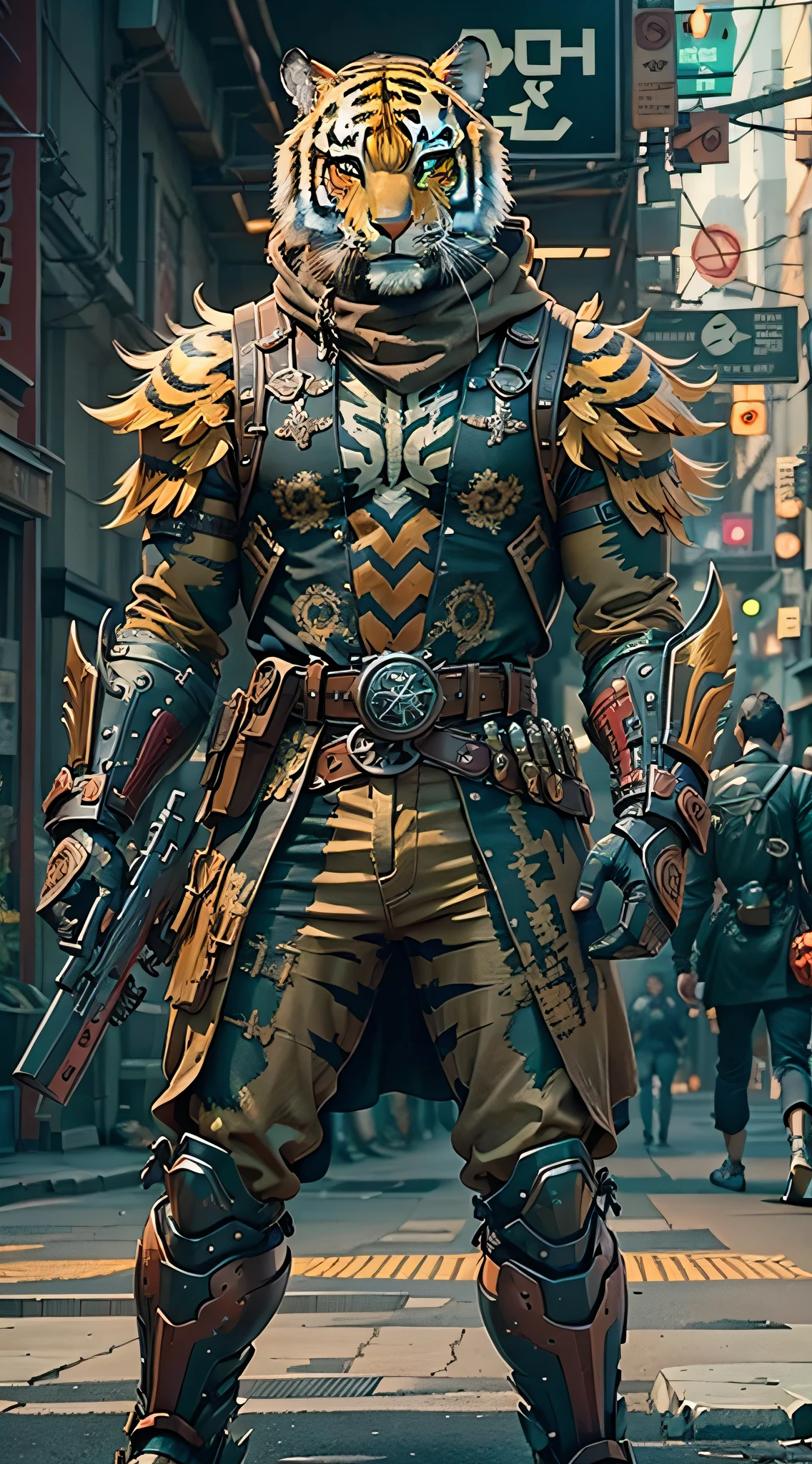 (Masterpiece) A man in antique armor and a tiger mask with a weapon walking down the street, costumed warrior, weapon in hand, cyberpunk style color scheme, ((intricate details, super detailed)) 8K.