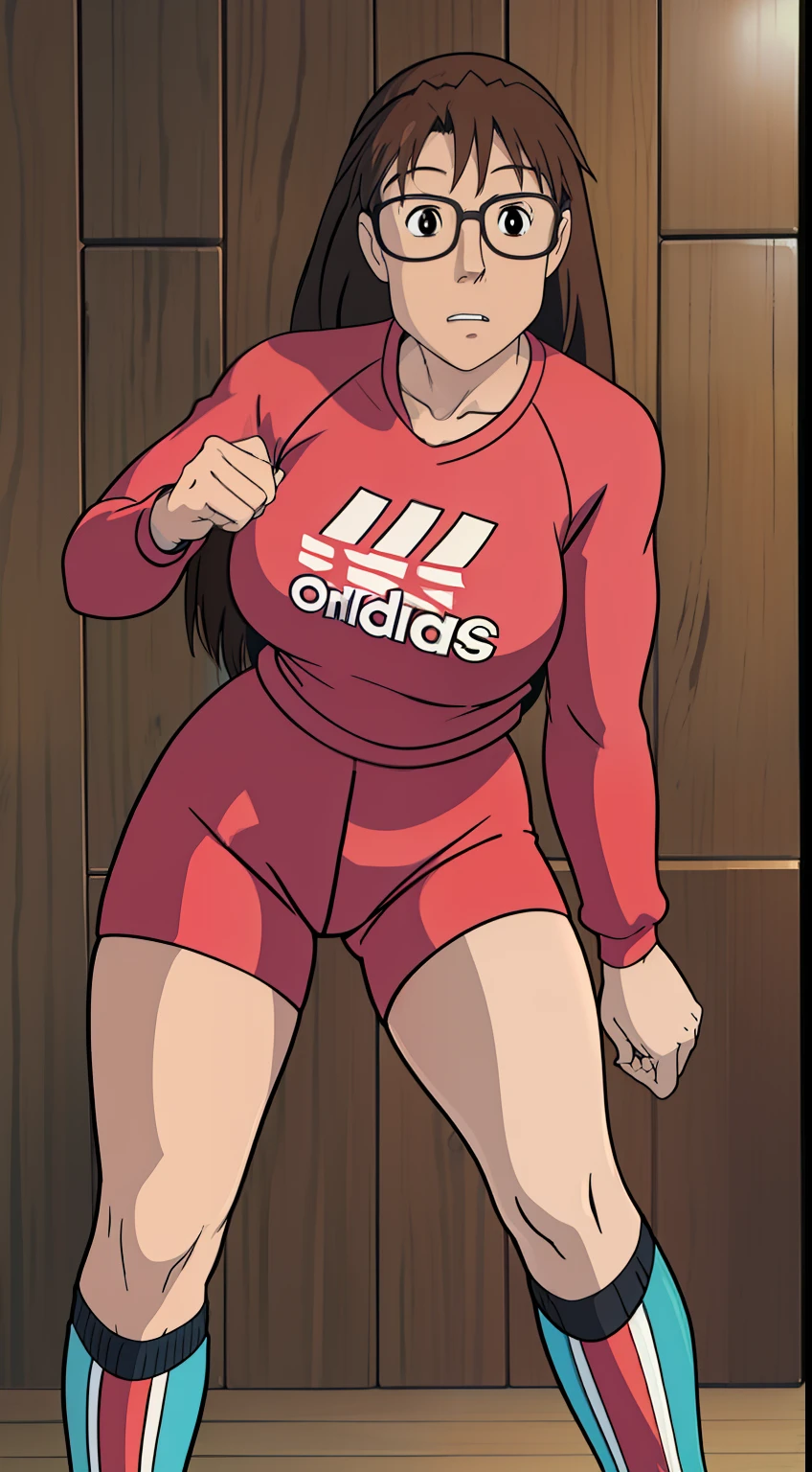 Koyomi Mizuhara, brown hair, long hair, glasses, brown eyes, luscious lips, Sleeved shirt jersey, big breasts, adidas biker shorts, socks, shoes, Wallpaper, Standing upright, hand smash gesture, close up, closer view,