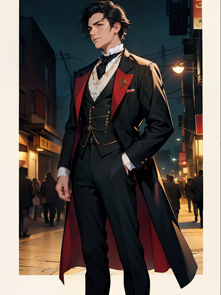 of a guy,Short black hair,period costume,standing on your feet,the night,