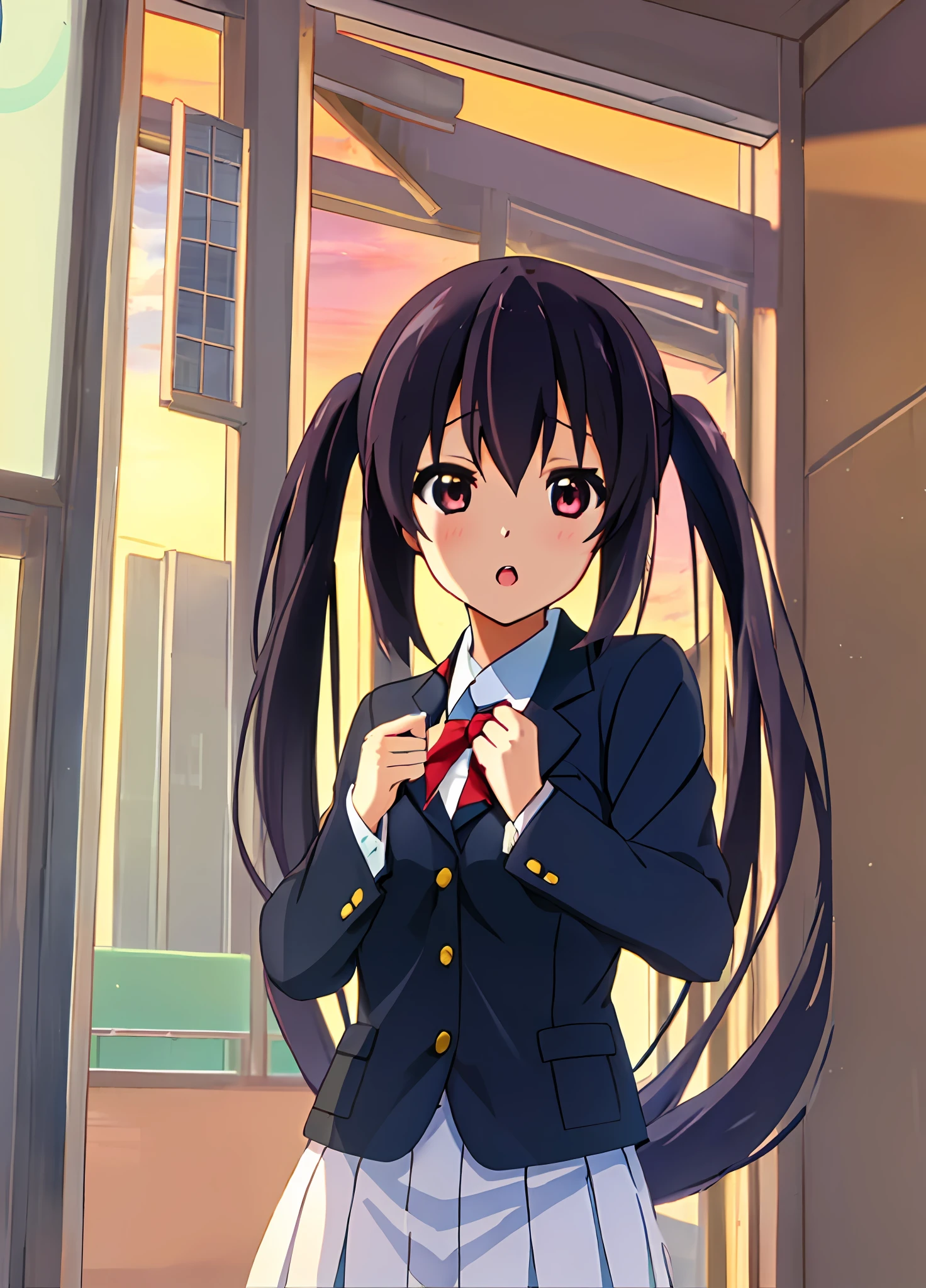 1girl, (((​masterpiece))), top-quality, top-quality, High Details, nakano azusa, 1girl, Sakuragaoka High School Uniform, student clothes, Twin-tailed, length hair, A dark-haired, brown-eyed, 独奏, reddish, Dark blue blazer with thin red ribbon, Solid white buttoned shirt under blazer, illustratio, comic strip, soothing tones, Subdued Color, Soft cinematic light, adobe lightroom, photolab, HDR, intricately and hyper-detailed、(((depth of fields))))。(((​masterpiece)))。(((top-quality))).)((ultra-detailliert)))。(((illustratio)))。(((takeout))).dynamic focus.big breasts.(((Skyscrapers))).(((A city scape))).(((Face of sadness))). open mouth.(((fighting stance))).(((up chest))).((evening glow)).((the setting sun)).