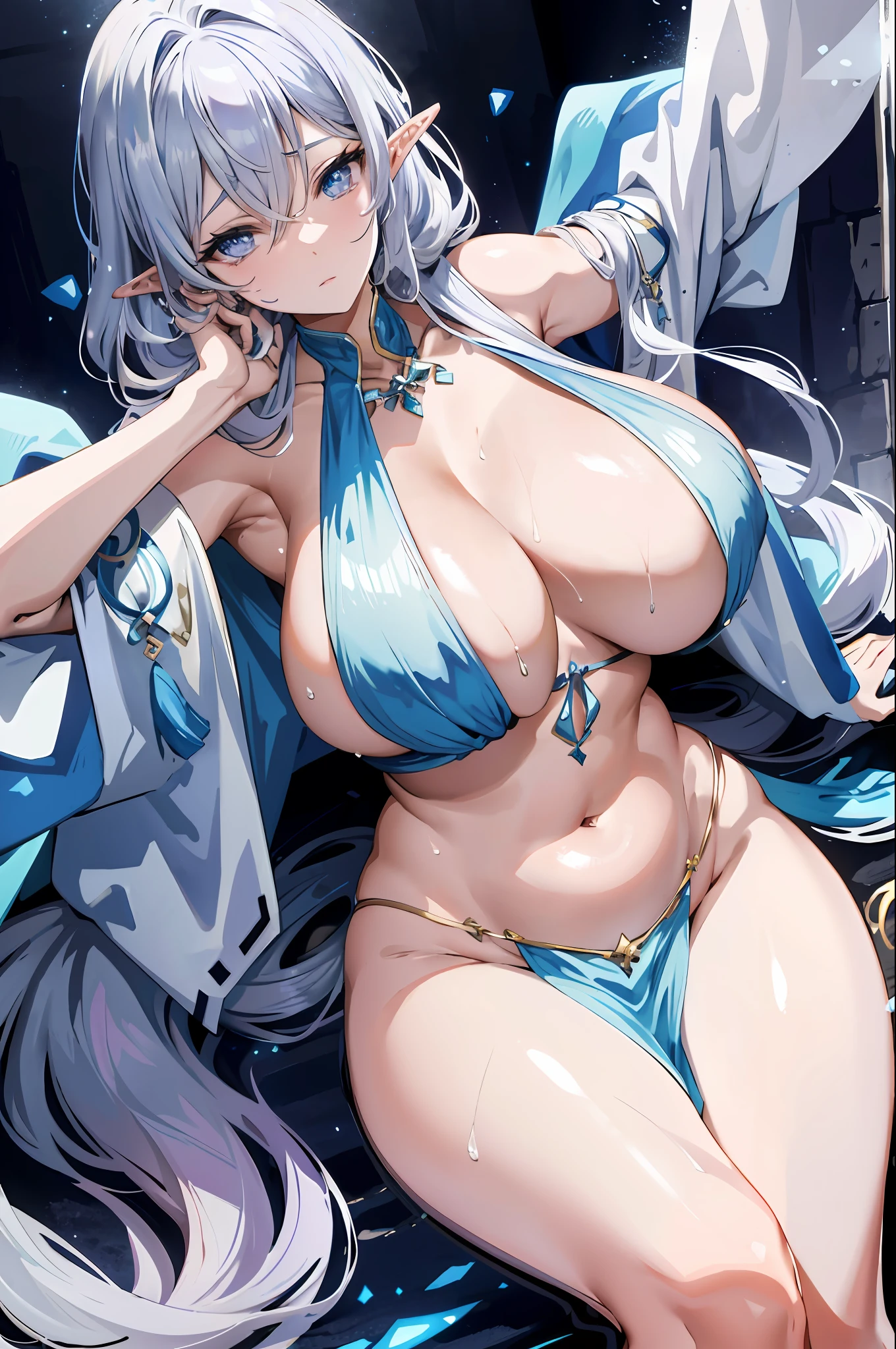 A tall and beautiful elven woman, plump body, big breasts, light blue glowing eyes, cold expression, proud posture, straight chest, lilac skin, purple facial tattoos, silver tied hair, exposed chest, exposed shoulders, exposed belly button, exposed thighs, looked up at the camera, left sweat beads on her body, wet body, in a medieval inn.