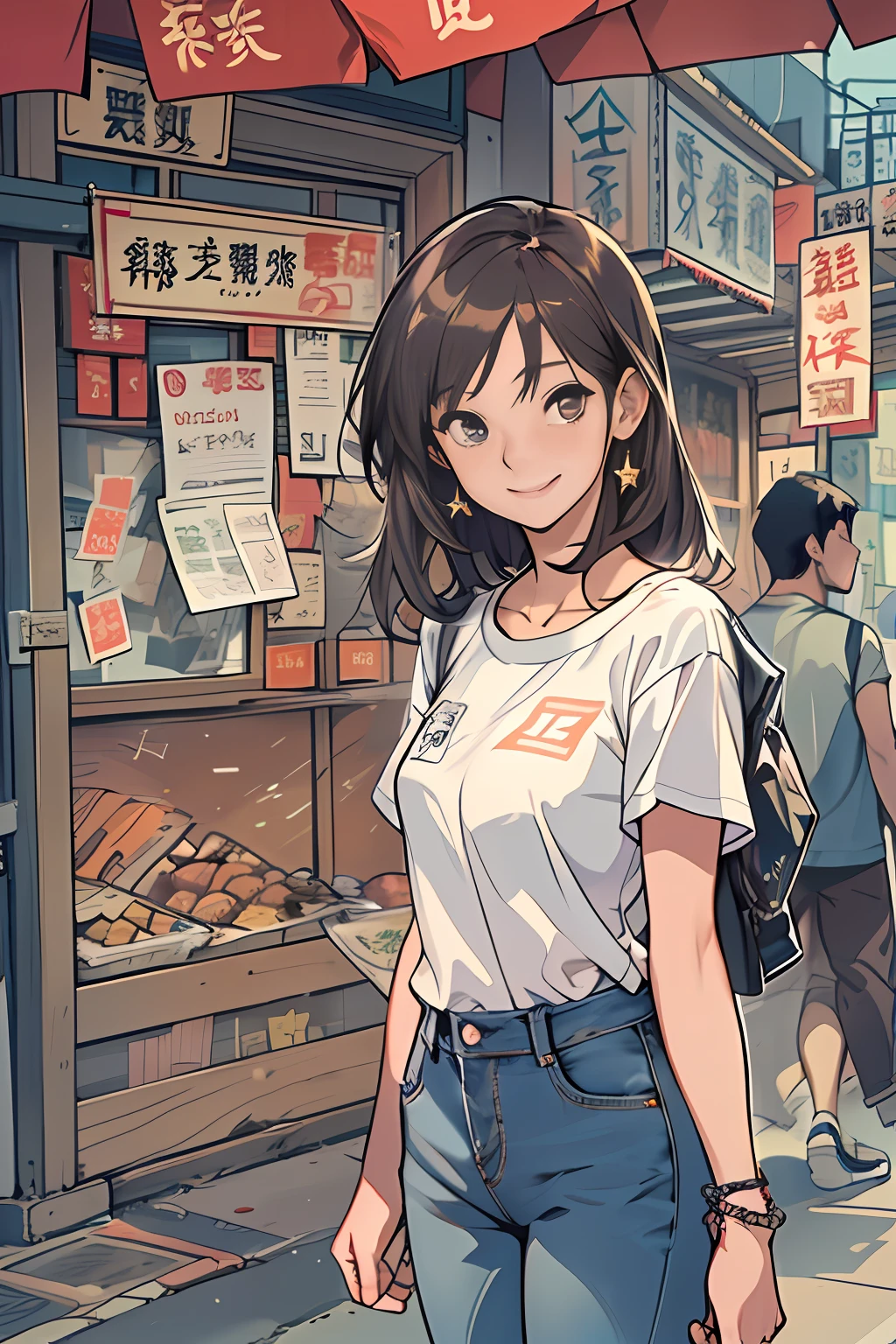 A young woman named Yang Feiyue standing on a busy street, Contemporary Rough T-Shirt and Jeans、Holding a flyer in your hand, Surrounded by stalls, There was anticipation and a slight smile on her face.,  ,In the style of the star art group Xing, 32K, Best Quality, masutepiece, Super Detail, high details