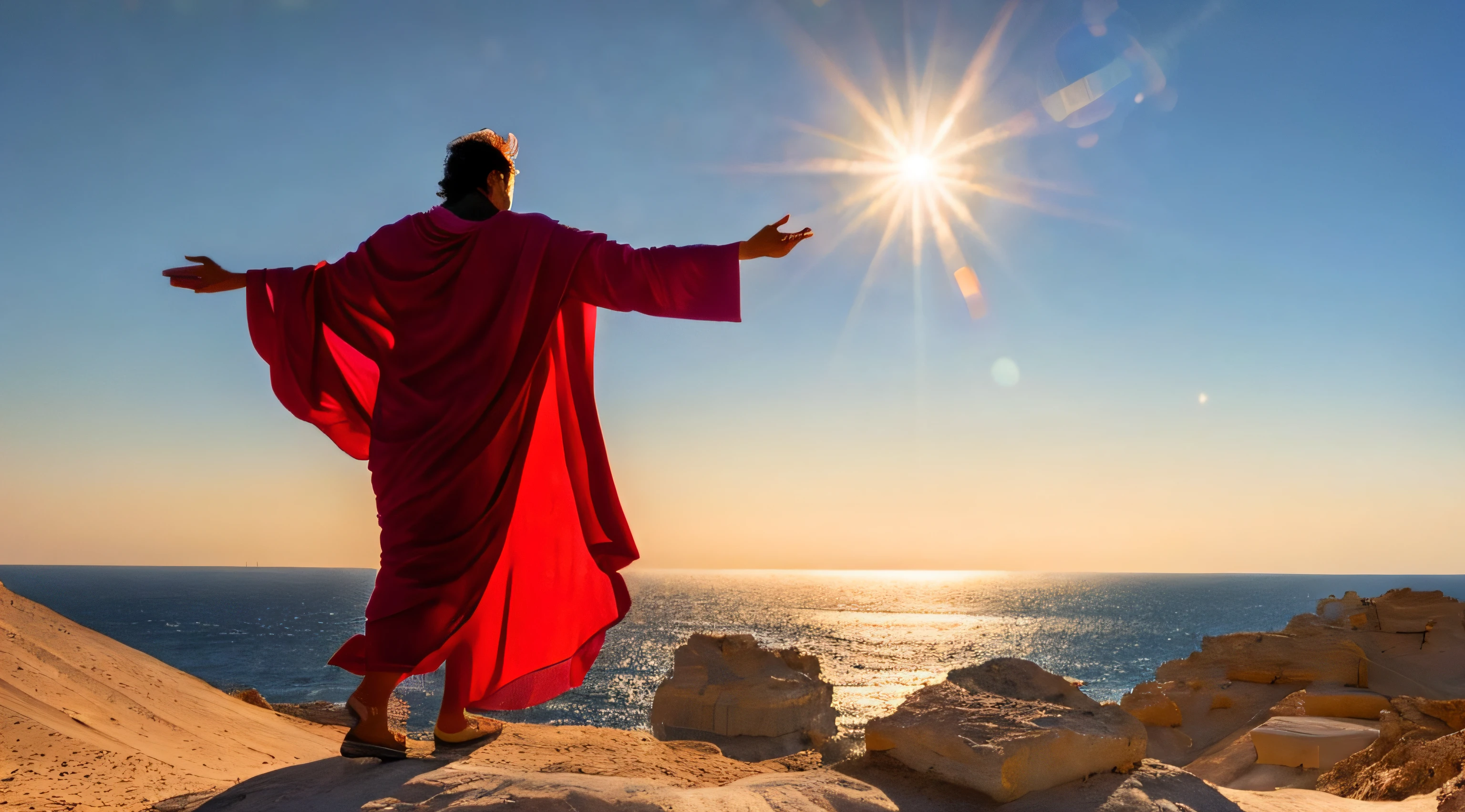 Ancient Israel、Biblical times、BC、((Behind a man raising his hands to heaven))、((Red Sea))、8K、Raw photography、top-quality、masterpiece:1.5、ultra-lightweighthigh-resolution、Photorealsitic:1.5、ciinematic light、soft volumetric lighting:1.5、realisitic、Photorealsitic:1、Detailed skin、profetional lighting、a picture、foco nítido、detaileds、profetional lighting、photon maping、detailed and intricate environment、ighly detailed、top-quality、Artistic photography、photorrealistic concept art、soft natural volumetric cinematic perfect light、Midjourney、Detailed hand、