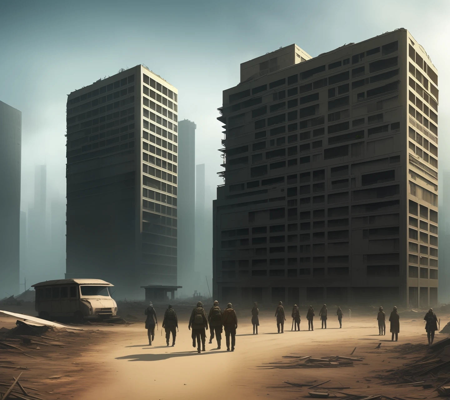 A post-apocalyptic world with several deformed buildings and a group of people trying to survive