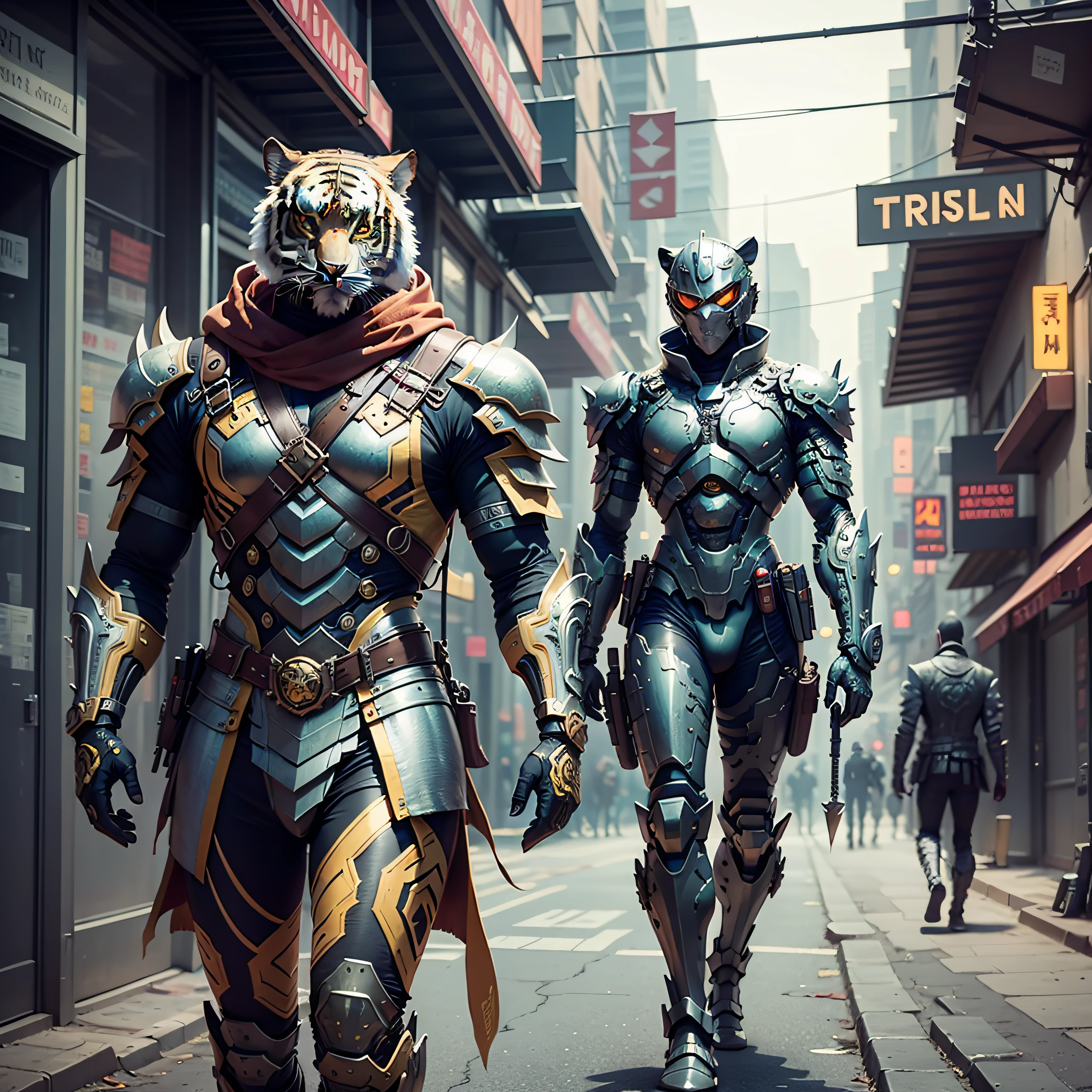 (Masterpiece) A man in antique armor and a tiger mask with a weapon walking down the street, costumed warrior, weapon in hand, cyberpunk style color scheme, ((intricate details, super detailed)) 8K.