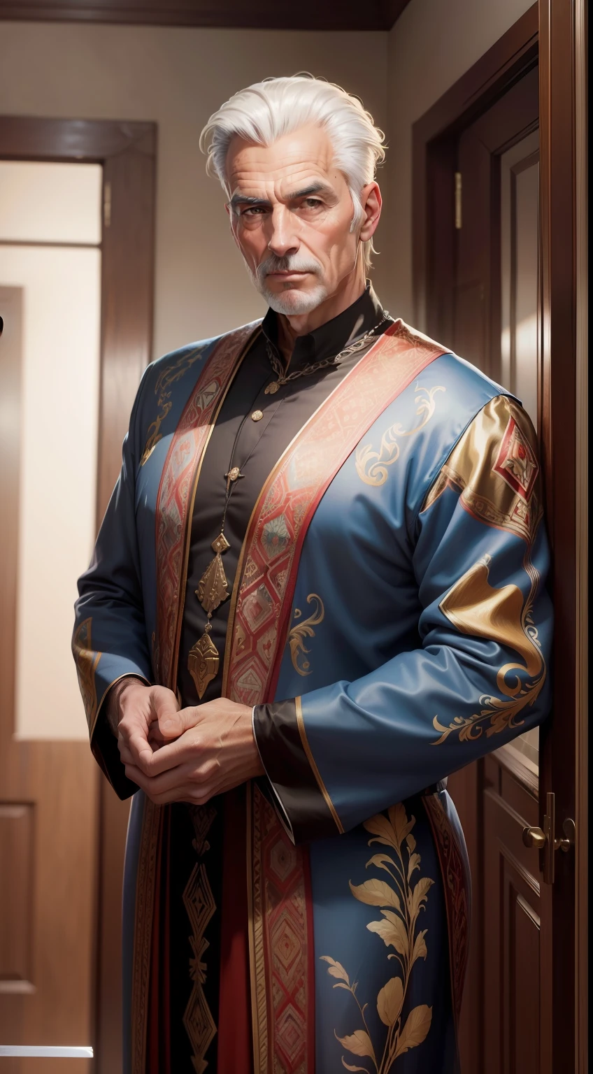 homem de 50 anos bem vestido (cabelos grisalhos sem entrada) looks great, (Realistic image oil painting)