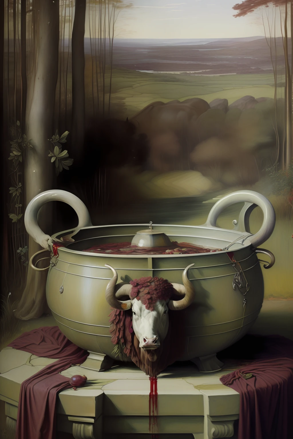floresta. (((Pre-Raphaelite painting of a sacrificed bull, Blood in a Cauldron, videira e parreira carregada de uvas, paisagem celta)))