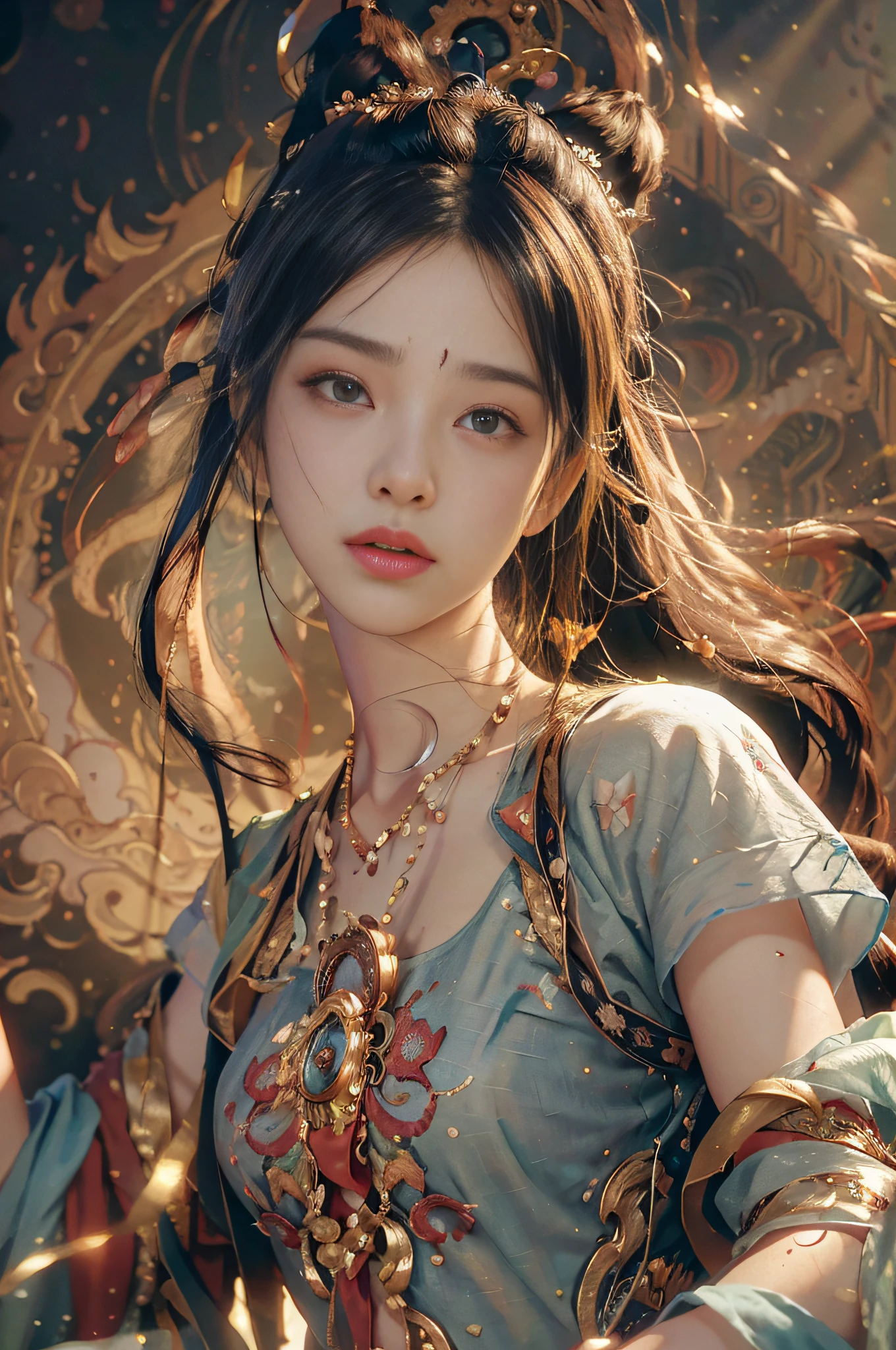 (RAW photo, best quality), (realistic, photo-realistic:1.3),best quality,highly detailed,masterpiece,ultra-detailed,illustration,1girl,upper_body,dynamic angle,world masterpiece theater,messy_long_hair,best quality,extremely detailed CG unity 8k wallpaper,ink,Amazing,cinematic lighting,lens_flare, dunhuang_style