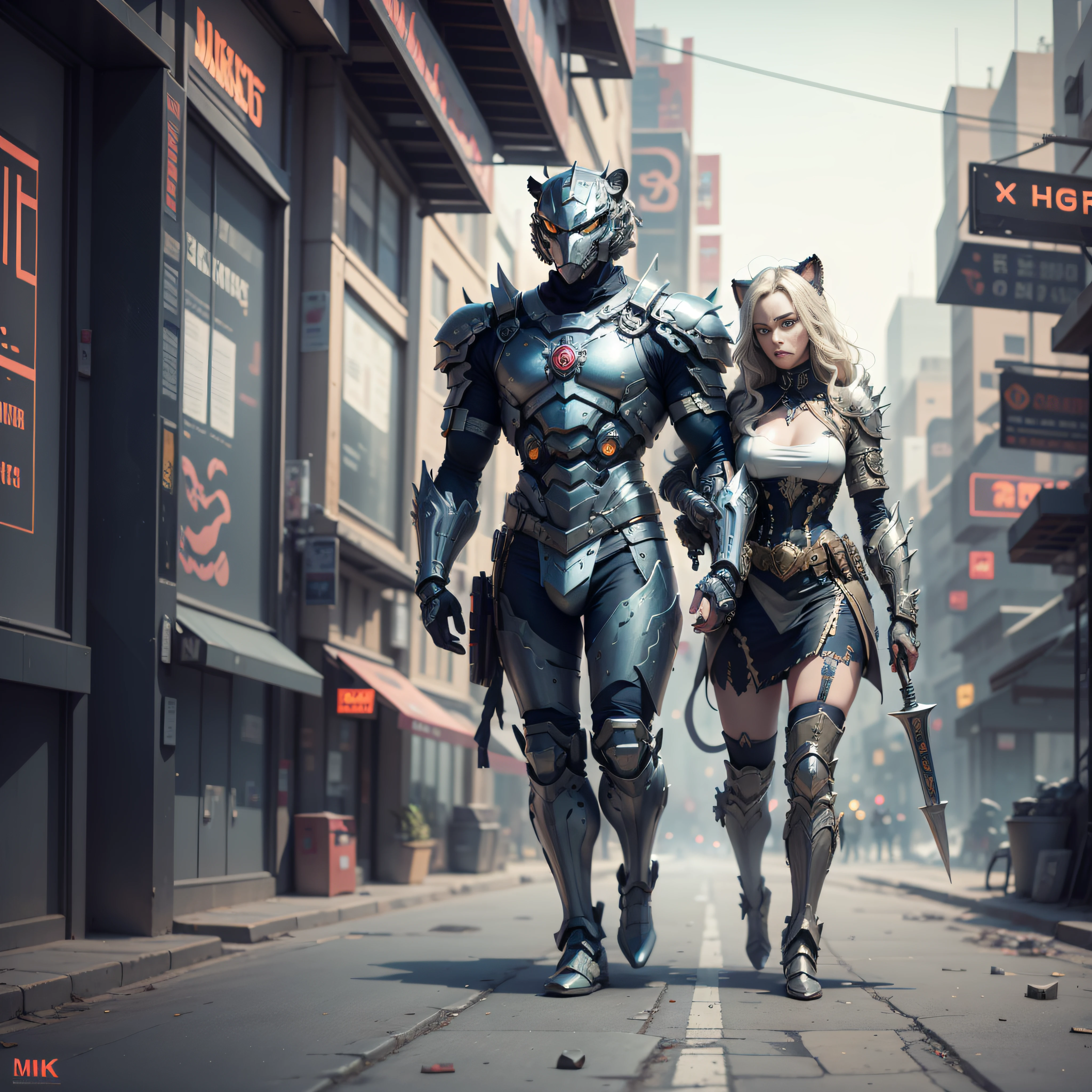 (Masterpiece) A man in antique armor and a tiger mask with a weapon walking down the street, costumed warrior, weapon in hand, cyberpunk style color scheme, ((intricate details, super detailed)) 8K.