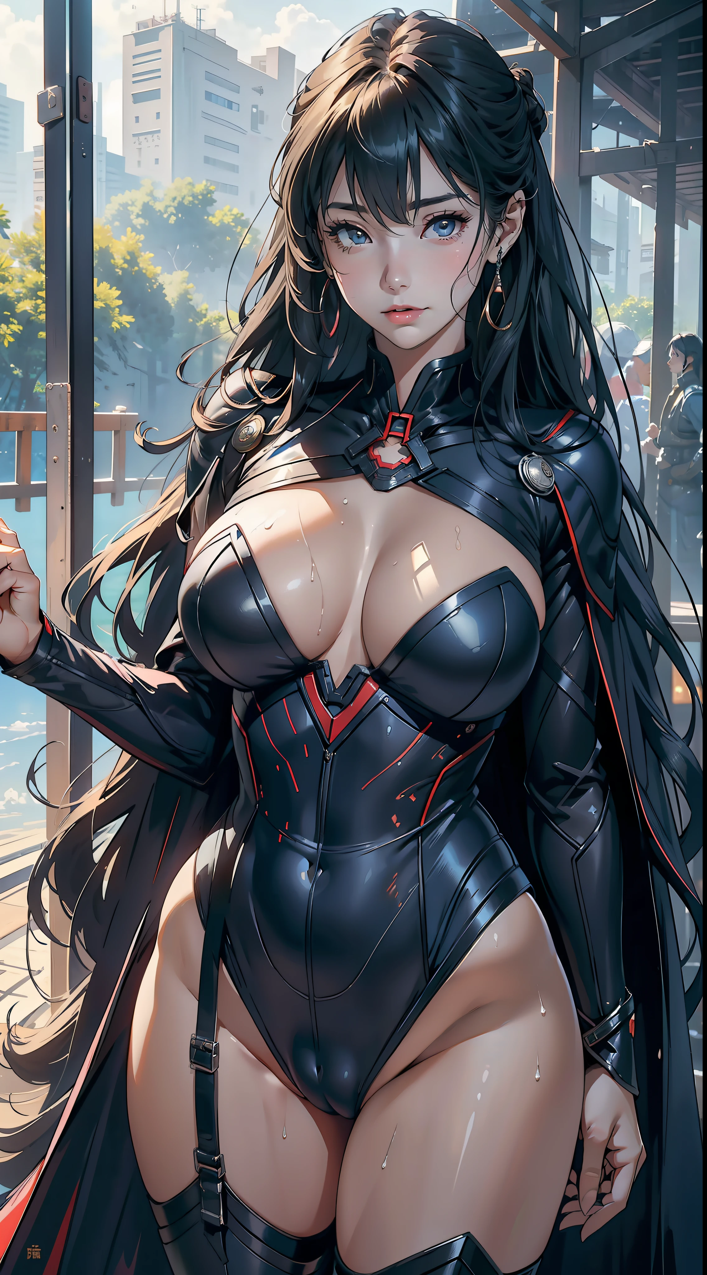 1female,35yo,Huge breasts, 独奏, Supergirl,Wearing a blue transparent military uniform, Pornographic exposure,ln the forest, She has long flowing black hair, Bare genitalia,Sateen,Bigchest, From the front side, Wet straight hair, Sweating profusely,mostly cloudy sky,(tmasterpiece),(Very detailed CG unity 8K wallpaper),best qualtiy,cinmatic lighting,detailed back ground,beatiful detailed eyes,Bright pupils,(Very fine and beautiful),(Beautiful and detailed eye description),ultra - detailed,facing at camera,A high resolution,ultra - detailed),Very long hair,standing on your feet,Emotive expressions,Open-mouthed,Chest sagging,nakeness, Expose the genitals,revealing breasts,Camel toes,with no underpants,extremely large bosom,Extremely colorful,Most detailed,fully body photo,The face is well lit
