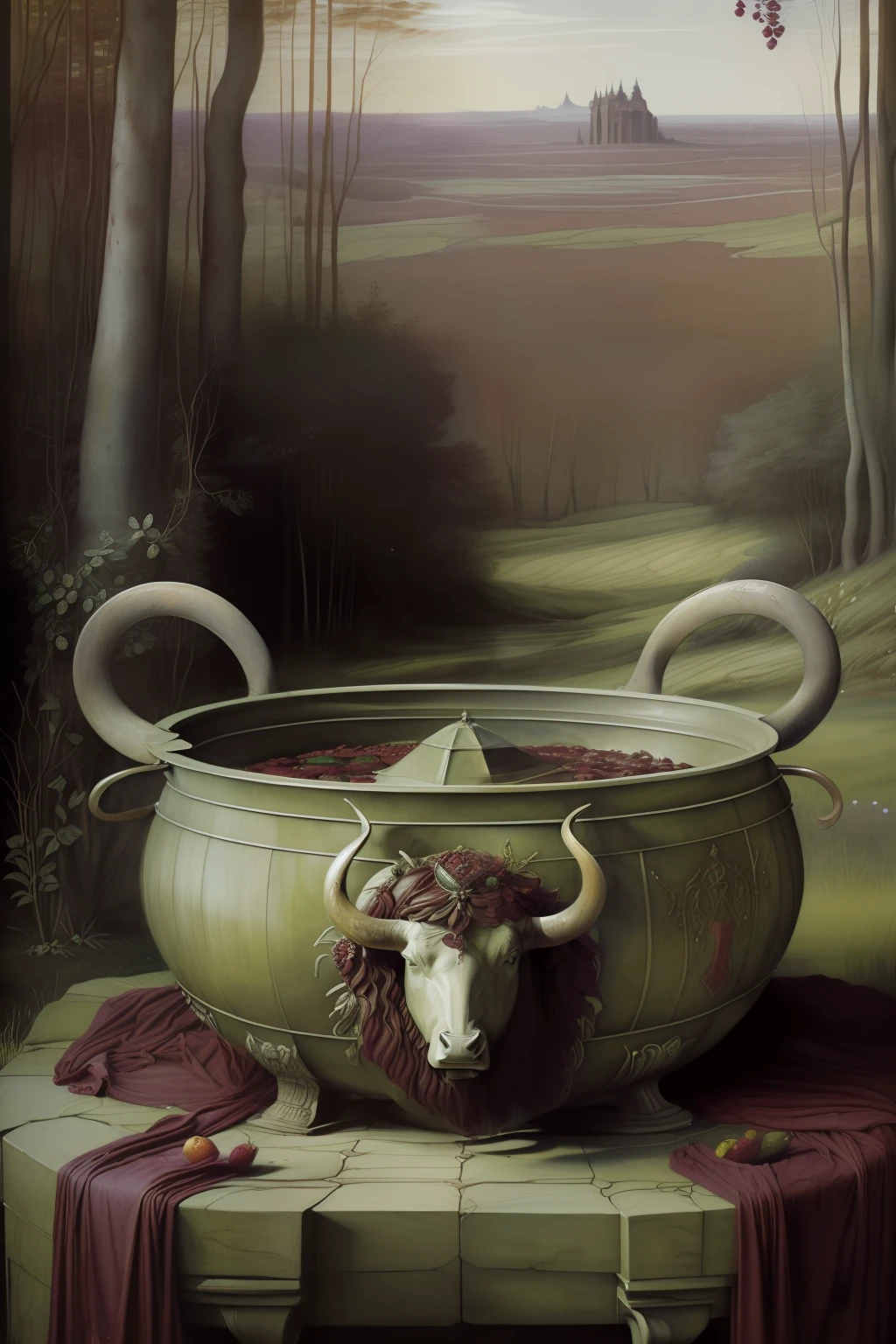 floresta. (((Pre-Raphaelite painting of a sacrificed bull, Blood in a Cauldron, videira e parreira carregada de uvas, paisagem celta)))