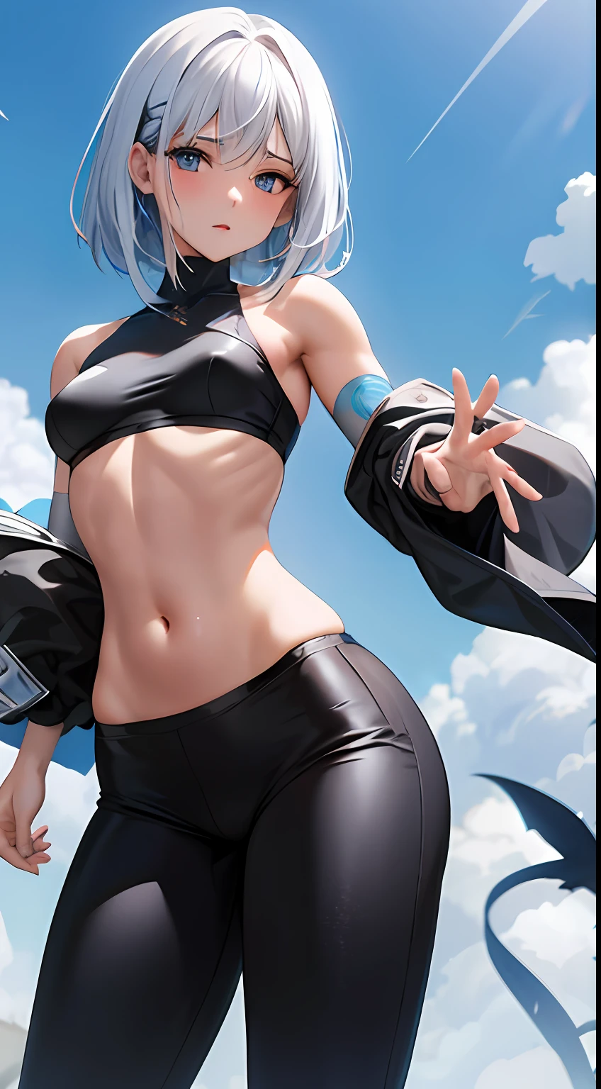 Garota de anime, linda, realista, melhor qualidade, full hd, rosto detalhado, corpo detalhado, cabelos lisos, cabelos brancos, cabelos longos, ombro pequeno, Small thorax, middlebreasts, cintura fina, quadril largo, pernas grossas, top preto, sem mangas, barriga de fora, black legging pants, middlebreasts, pernas grossas, seios para fora, (standing on her feet) tight black legging pants, coxas grossas, seios grandes
