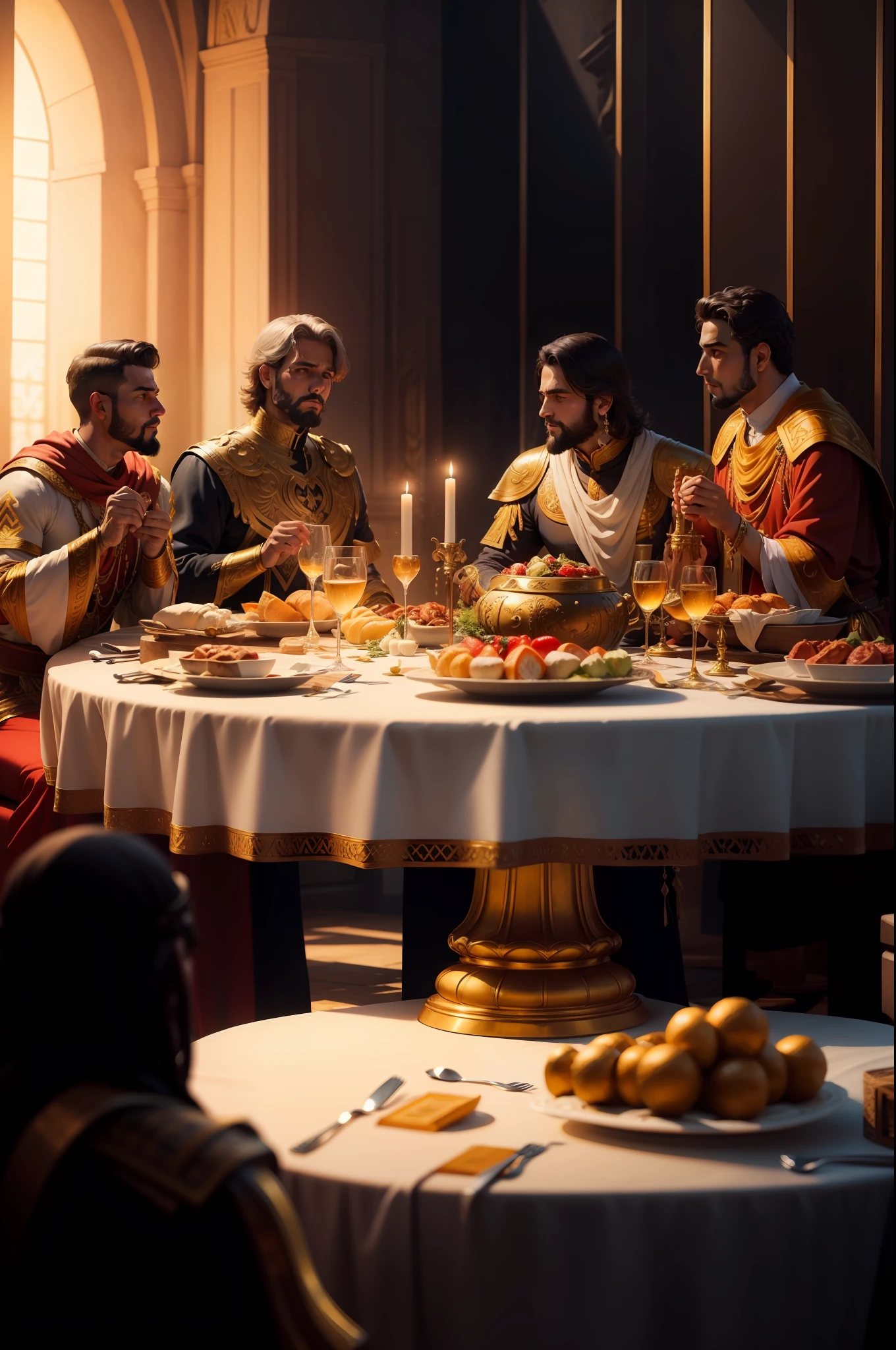 Ilustre um banquete romano de forma realista e fiel aos detalhes