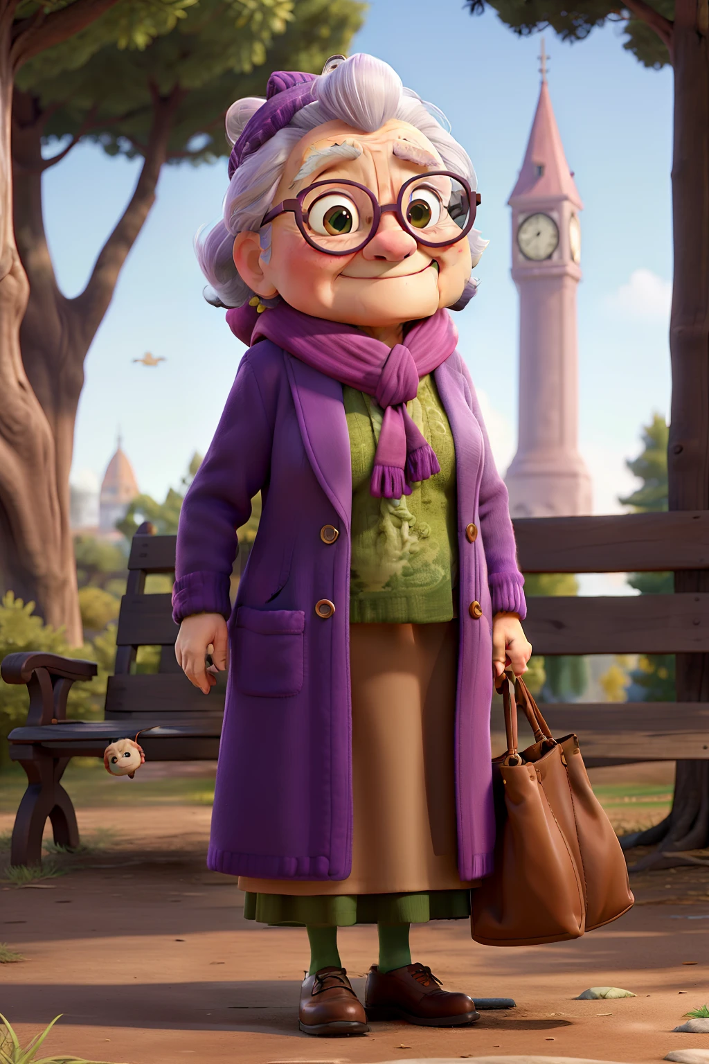 masterpiece, best quality, an old woman with glasses and a scarf on, wearing a purple coat and green scarf, standing at the park