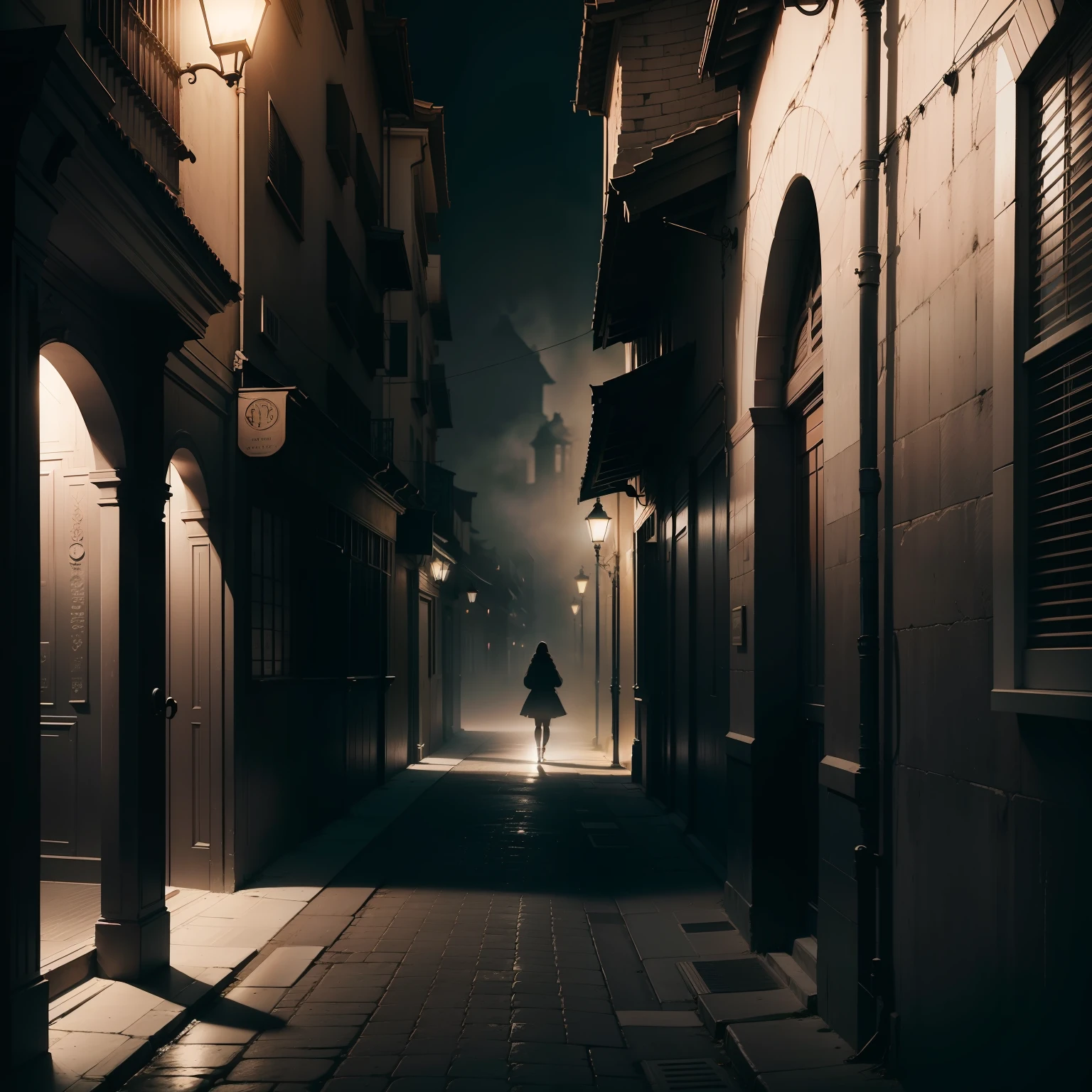 image high resolution (8k). The streets are often shrouded in a subtle haze that lends an air of mystery and concealment, como se segredos antigos estivessem escondidos em cada esquina. in the nighttime, when the fog thickens and the city lights are lit, Enigma gains an even more enigmatic aspect, with shadows dancing on the walls and creating an atmosphere of suspense.