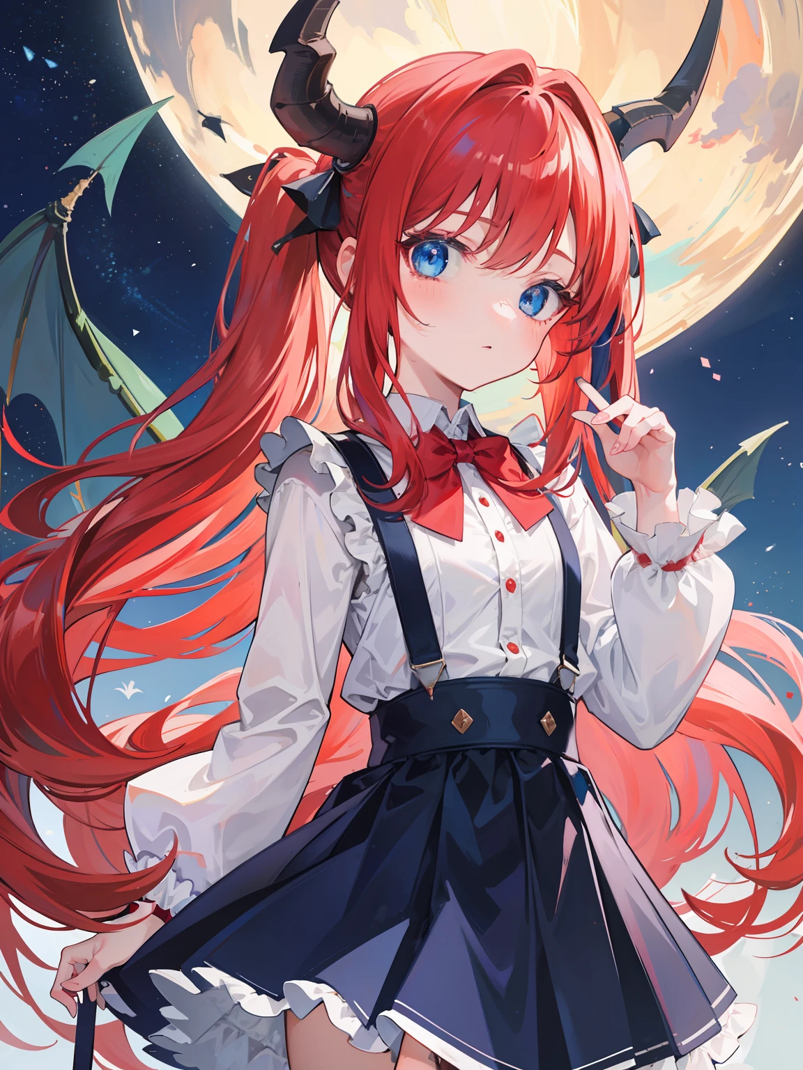 {{best quality}}, {{masterpiece}}, {{ultra-detailed}}, {illustration}, {detailed light}, red hair,blue eyes,twintails,lolita,Suspenders skirt,Fantastic,loli,solo,Dragon horns,little girl,long hair