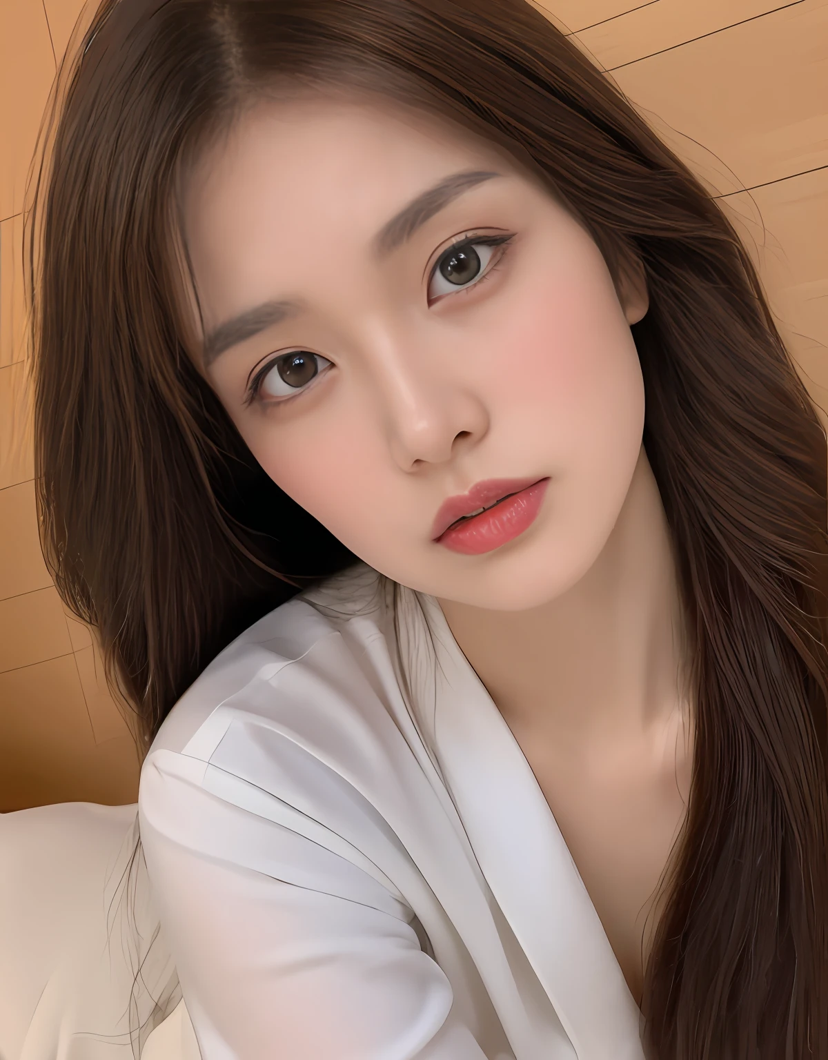 ((top quality, 8k, masterpiece: 1.3)), beauty, 1 girl, beautiful: 1.3, slender abs: 1.1, dark brown hair, (kneeling on the floor, legs open: 1.2), ultra detailed face, highly detailed lips, detailed eyes, double eyelids