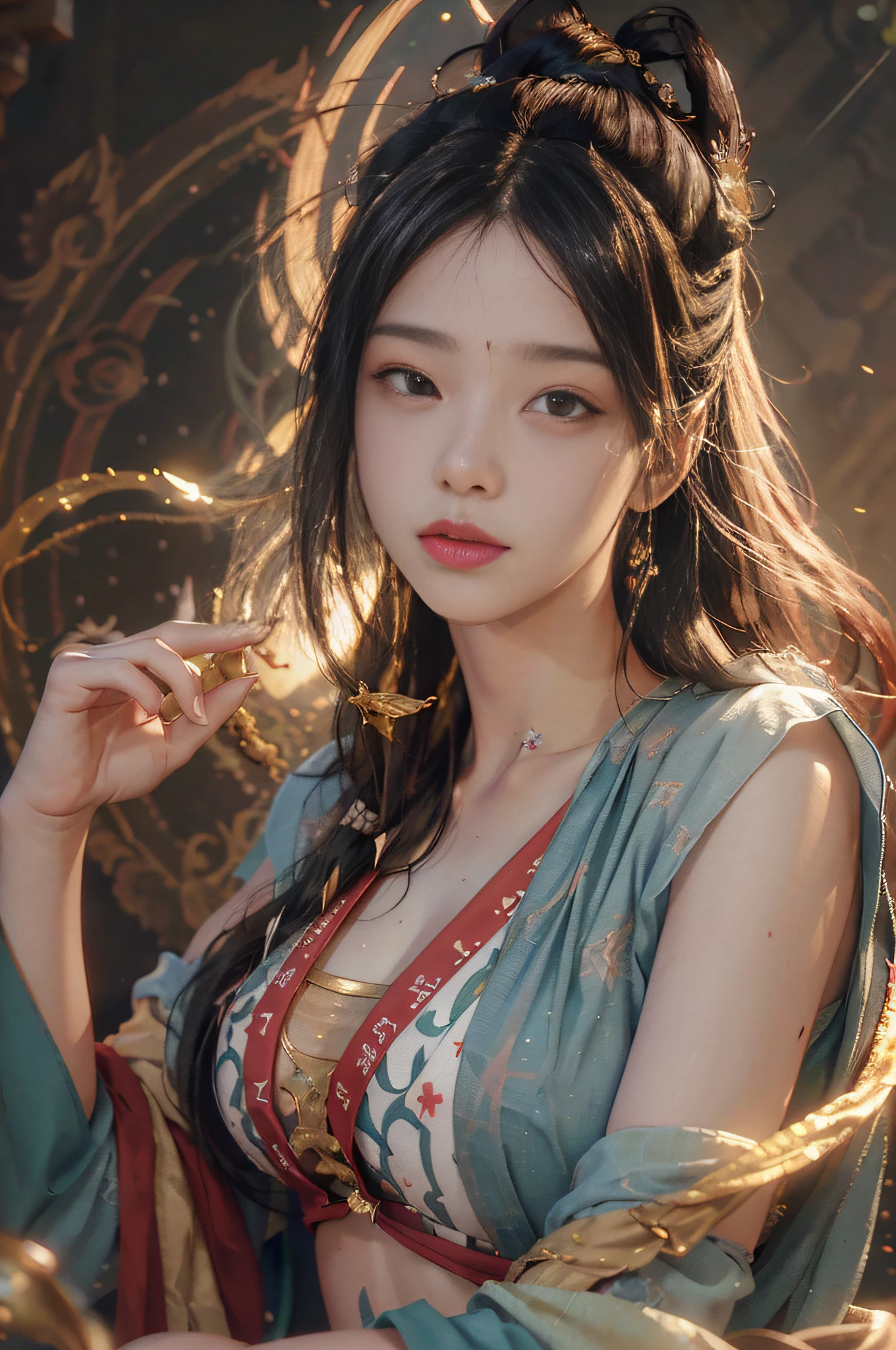 (RAW photo, best quality), (realistic, photo-realistic:1.3),best quality,highly detailed,masterpiece,ultra-detailed,illustration,1girl,upper_body,dynamic angle,world masterpiece theater,messy_long_hair,best quality,extremely detailed CG unity 8k wallpaper,ink,Amazing,cinematic lighting,lens_flare, dunhuang_style