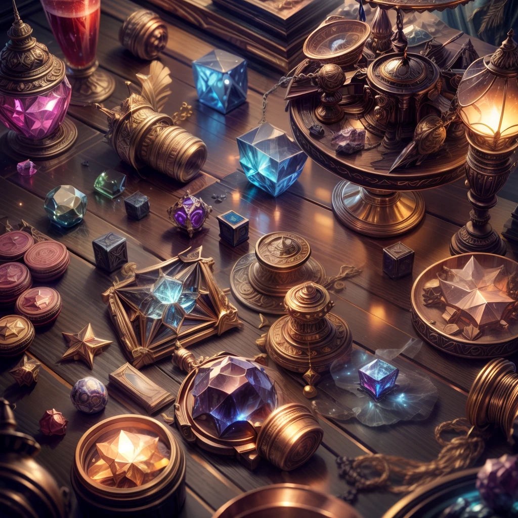 (Full Focus:2),StarCraft style,plethora of colors,Antiques on the tabletop,Jewelry on the tabletop,Crystal gemstone on tabletop,Magic symbols,Magic light particle effect,high - tech,luxury goods, High-value jewelry,High-value metals,luxury goods,Puzzles are prohibited, Detailed and complex background, glittery, reflective light, hyper HD, Award-Awarded, A high resolution, High detail, Chiaroscuro, Cinematic lighting, Masterpiece, Ray traching,structurally correct, Super detail, High quality, High details, Best quality, 16