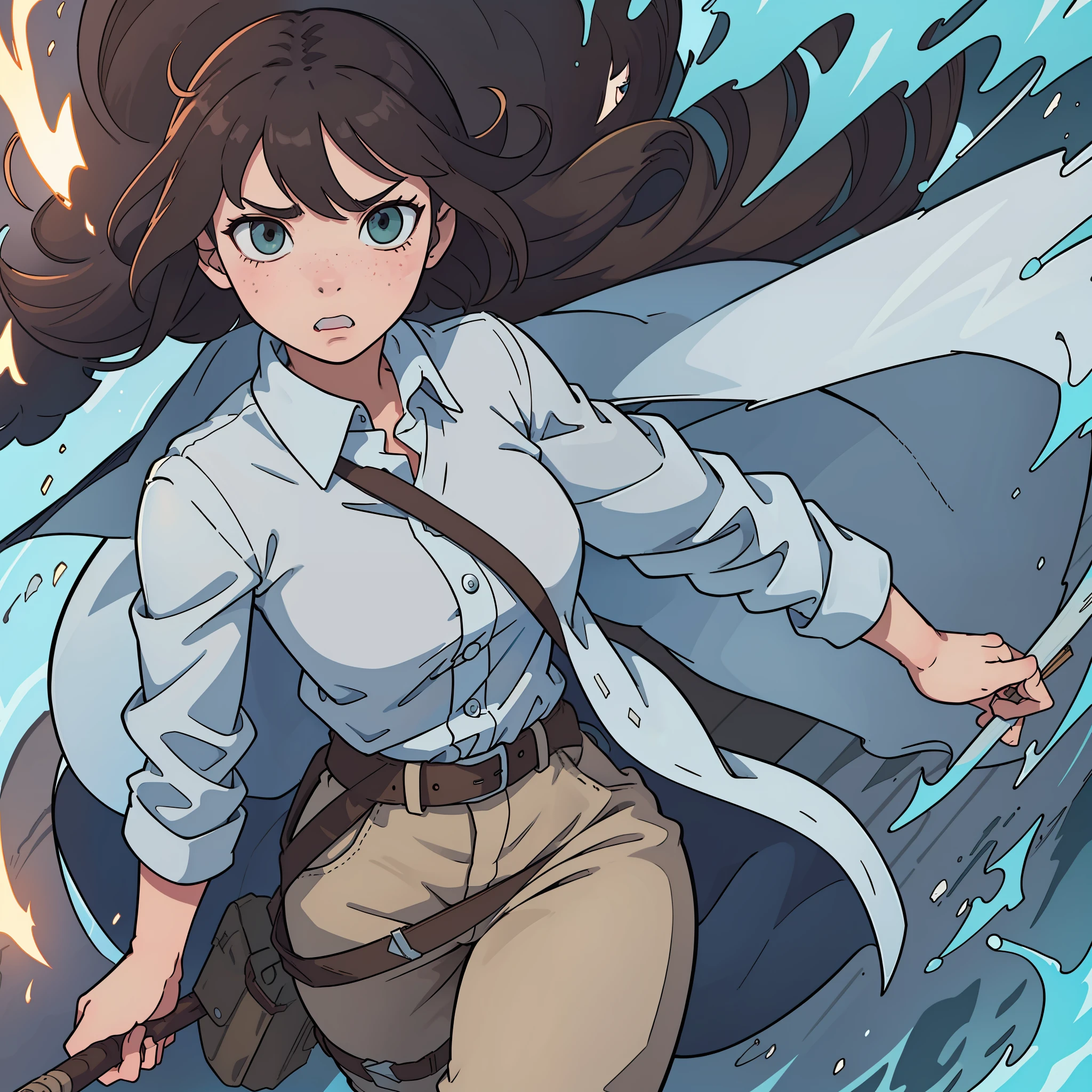 best quality, masterpiece, illustration, an extremely delicate and beautiful, extremely detailed ,CG ,unity ,8k wallpaper, Amazing, finely detail, masterpiece,best quality,official art, extremely detailed CG unity 8k wallpaper,l, huge filesize, ultra-detailed, highres, extremely detailed, extremely detailed eyes and face, beautiful detailed eyes, cute, expressive eyes, light blue upturned eyes, white button up, dark green scout cape, thick long dark brown hair, freckles, attack on titan, full body, tan complexion, full body, triangle bang, village landscape, white pants, odm gear, brown belts, angry, brown knee high boots, eren jaeger