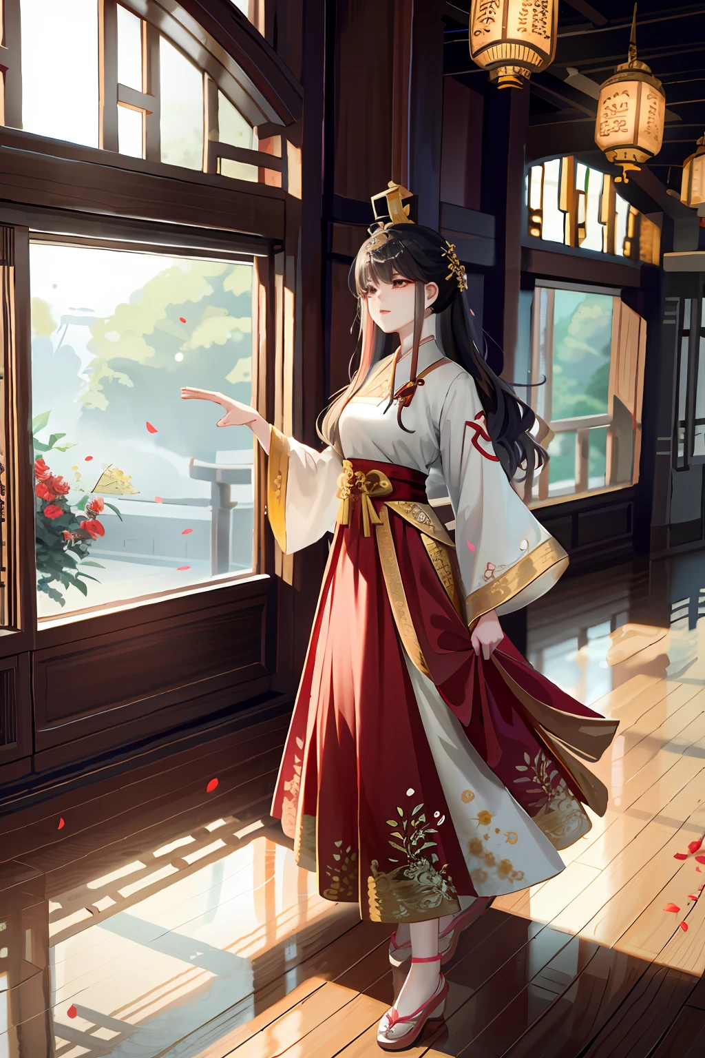 A woman in traditional Chinese dress stands in front of the window, Palace , A girl in Hanfu, Hanfu, White Hanfu, Wearing ancient Chinese clothes, Chinese costume, Traditional Chinese clothing, with acient chinese clothes, Chinese traditional, bian lian, Chinese style, Chinese dress, Princesa chinesa antiga, Anime girl cosplay, flowing hair and long robes