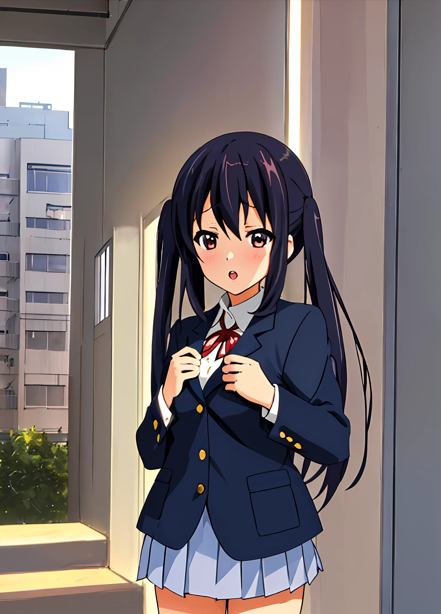 1girl, (((masterpiece))), top-quality, top-quality, High Details, nakano azusa, 1girl, Sakuragaoka High School Uniform, student clothes, Twin-tailed, length hair, A dark-haired, brown-eyed, 独奏, reddish, Dark blue blazer with thin red ribbon, Solid white buttoned shirt under blazer, illustratio, comic strip, soothing tones, Subdued Color, Soft cinematic light, adobe lightroom, photolab, HDR, intricately and hyper-detailed、(((depth of fields))))。(((masterpiece)))。(((top-quality))).)((ultra-detailliert)))。(((illustratio)))。(((takeout))).dynamic focus.big breasts.(((Skyscrapers))).(((A city scape))).(((Face of sadness))). open mouth.(((fighting stance))).(((up chest))).((evening glow)).((the setting sun)).
